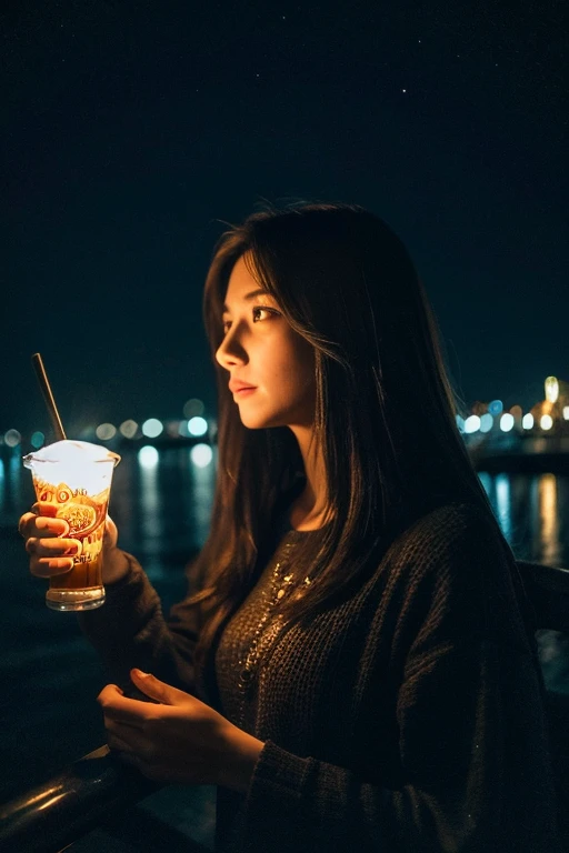(best quality, masterpiece:1.2), Woman, Portrait, at night, dark cafe, detailed sky