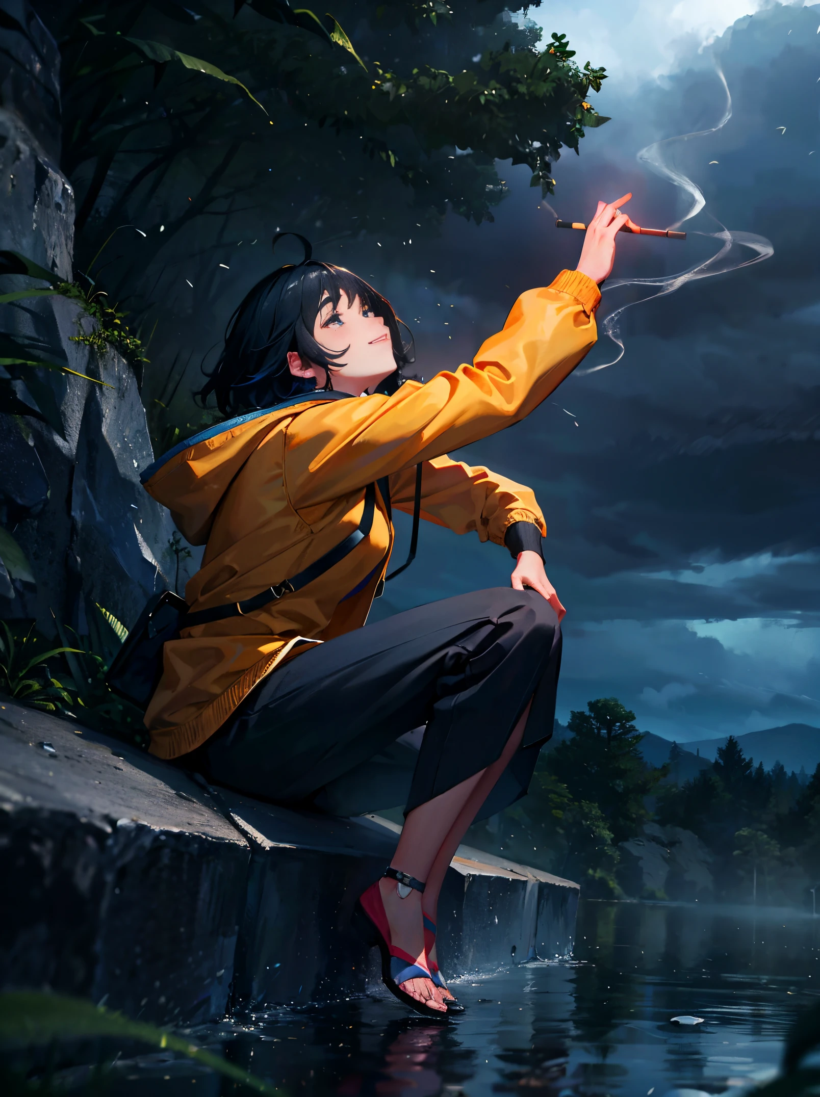 Chiquita,Wearing a down jacket，Smoking， blows wind,Fluttering hair，gust of wind， Colorful, , ​masterpiece, Sit up, From Side, From Side, A smile, starrysky, in a storm