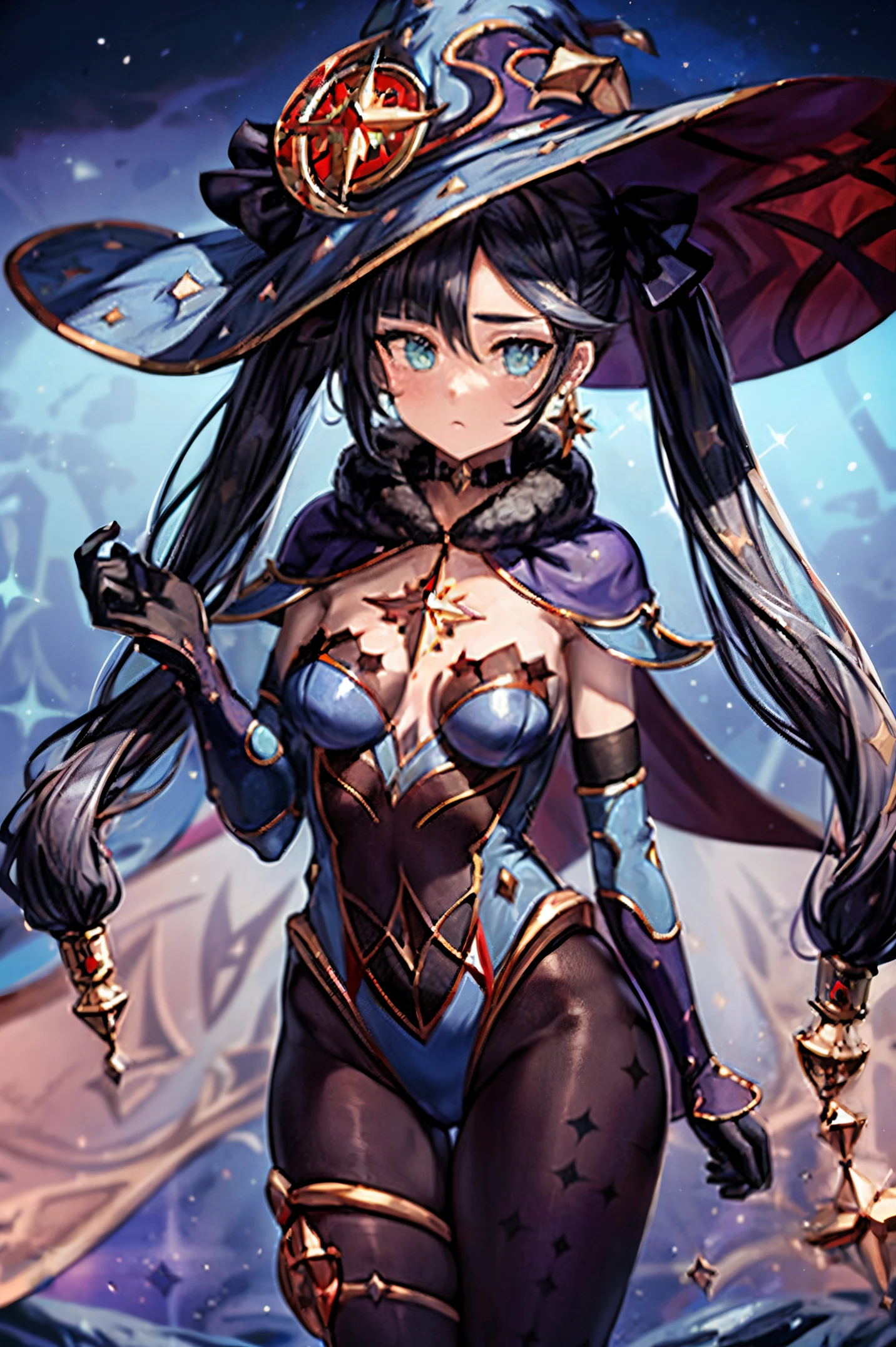 masterpiece, best quality, high resolution, 4k, extremely detailed, gimona, 1girl, Mona (Genshin Impact), twin tails, long hair, witch has, pantyhose, gloves, black hair, choker, jewelry, cape, gold ornaments, blue leotard, Earrings, Separate sleeves, star (symbol), Has adornment, blue eyes, Fur collar, witch hat, body mesh, full body, choker, headband, earrings, looking at viewer, soft glow, rays of light, space background with stars ((masterpiece))
