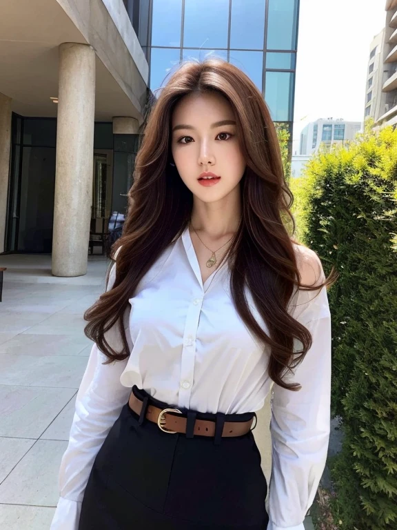 (Best quality, High resolution, Masterpiece :1.3), A tall and pretty woman, Slender abs, Dark brown hair styled in loose waves, Breasts, Wearing pendant, White button up shirt, Belt, Black skirt, (Modern architecture in background), Details exquisitely rendered in the face and skin texture, Detailed eyes, Double eyelid