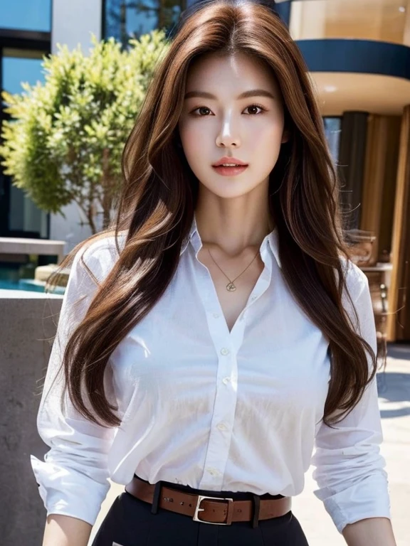 (Best quality, High resolution, Masterpiece :1.3), A tall and pretty woman, Slender abs, Dark brown hair styled in loose waves, Breasts, Wearing pendant, White button up shirt, Belt, Black skirt, (Modern architecture in background), Details exquisitely rendered in the face and skin texture, Detailed eyes, Double eyelid