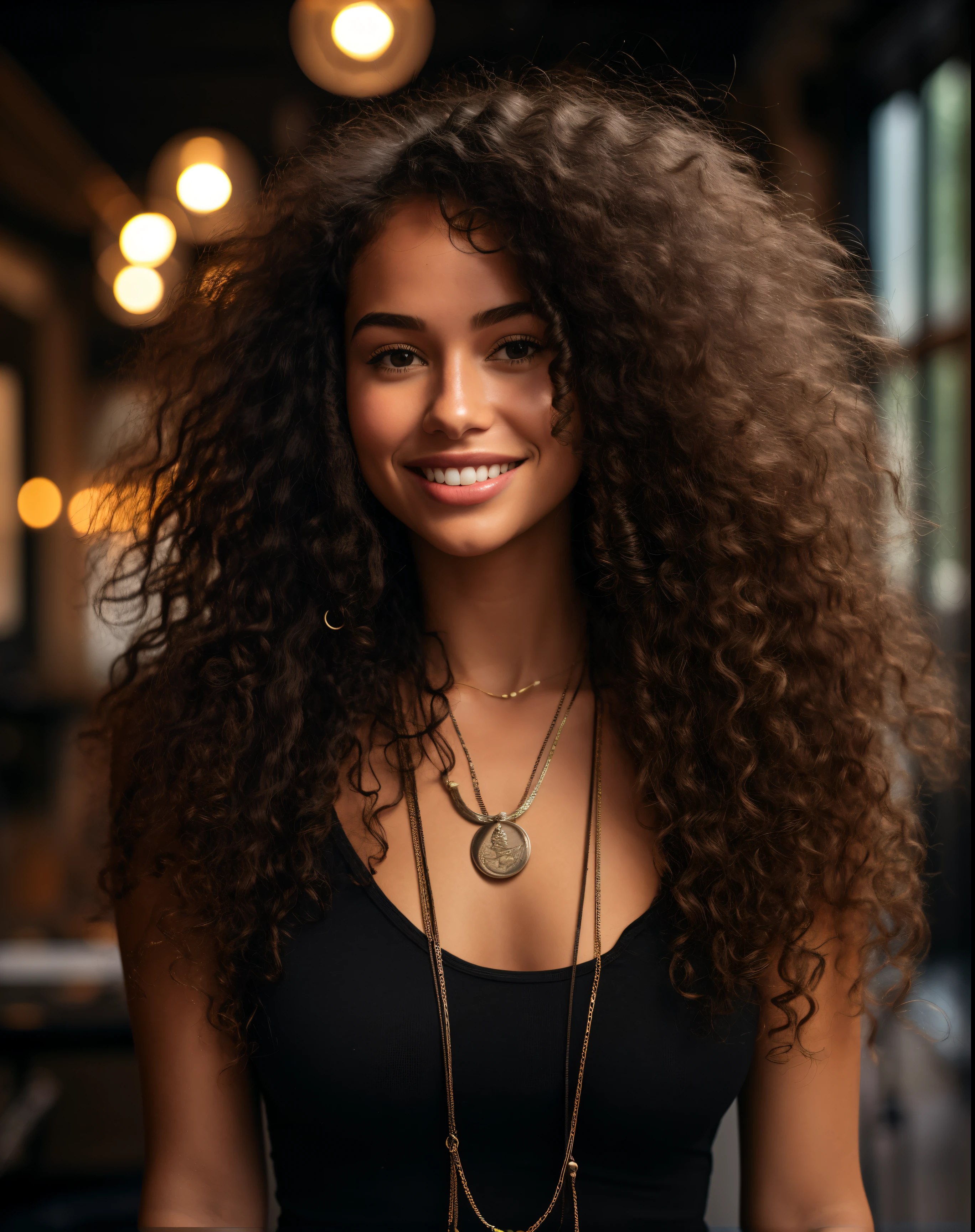 smiling woman with long curly hair and a necklace with a coin, curly middle part haircut, curly dark hair, curly haired, long dark curly hair, long wild black curly hair, long black curly hair, gorgeous woman, long afro hair, long brown puffy curly hair, black curly hair, long curly hair intricate, black long curly hair, dark short curly hair smiling