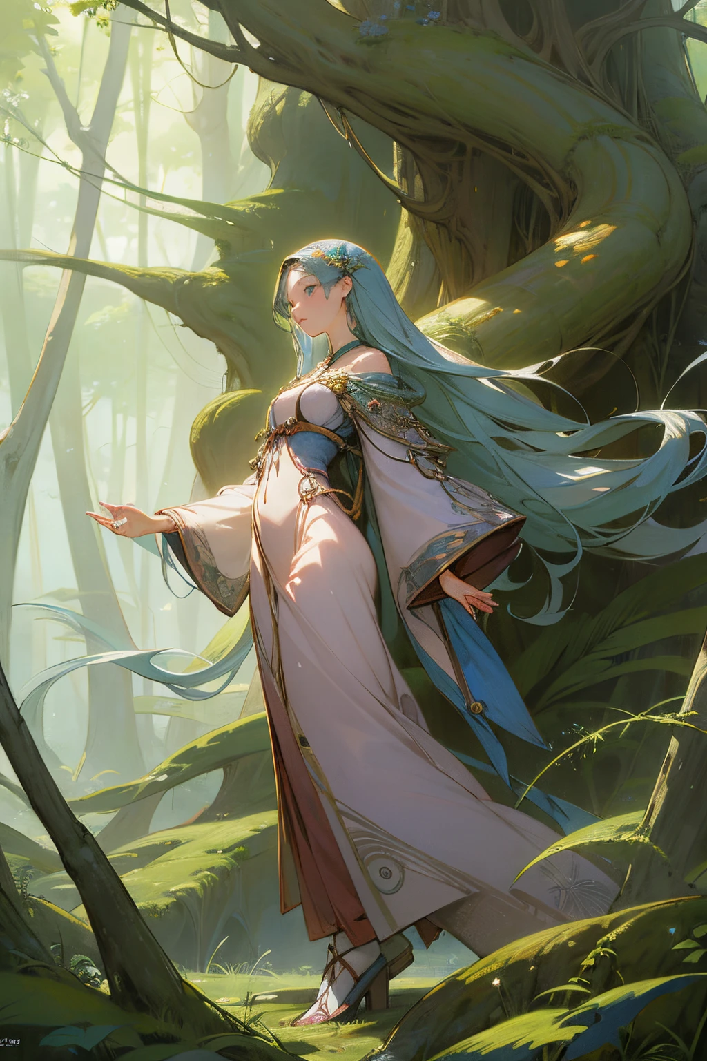 Botticelli, Ken Sugimori, Surreal, mysterious, strange, fantastical, fantasy, Sci-fi, Japanese anime, wirework forest, beautiful girl walking, perfect voluminous body, detailed masterpiece