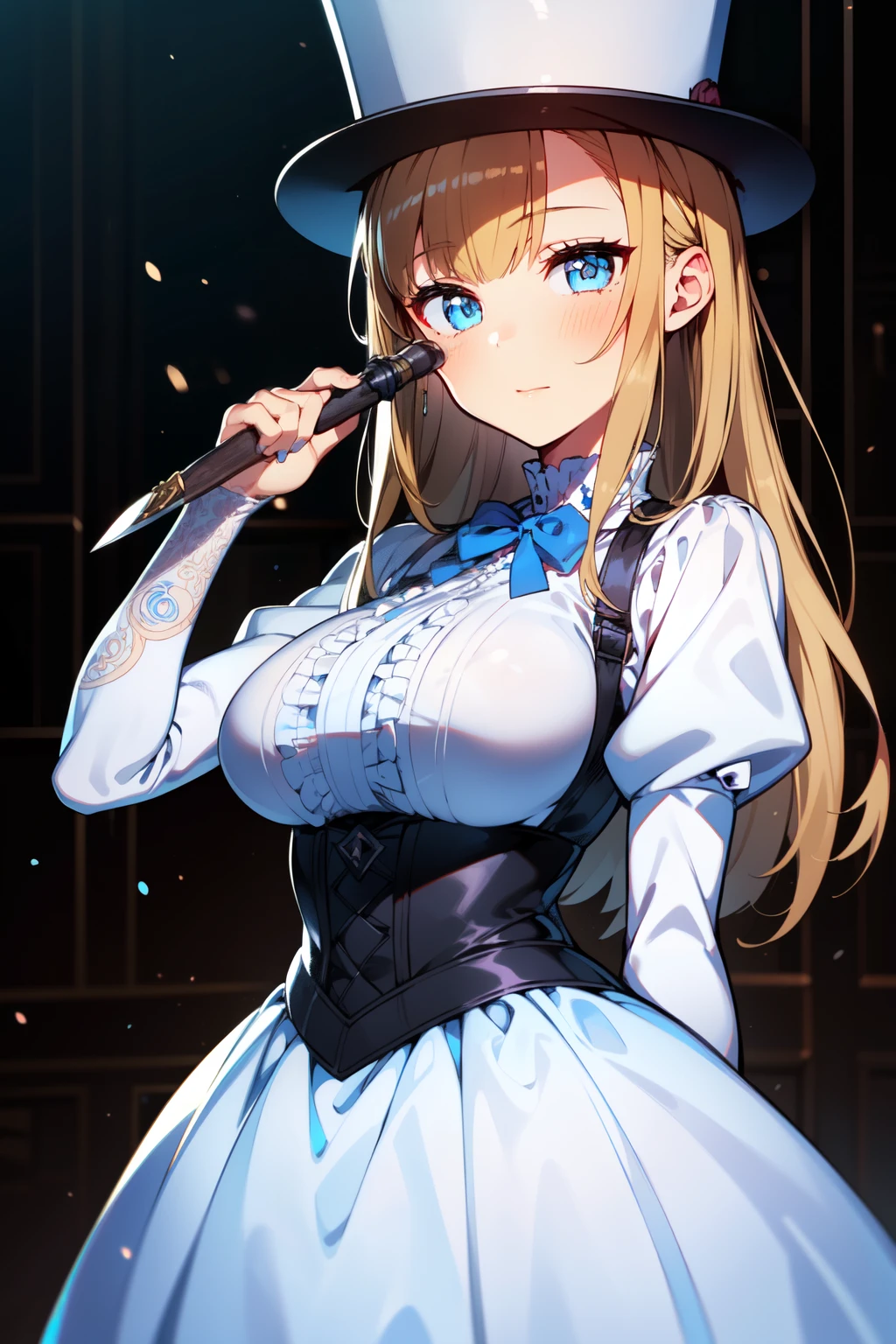 (1girl, solo), blonde hair, side ponytail, (blue eyes:1.5), long hair, (medium breast:1.2), (hair ribbon, juliet sleeves, long sleeves, puffy sleeves, white dress:1.5, frills, top hat, black top hat, hat, hat flower,) looking at viewer, holding knife, indoors, (masterpiece:1.2), best quality, high resolution, unity 8k wallpaper, (illustration:1.2), anime style, (beautiful detailed eyes:1.6), extremely detailed face, perfect lighting, extremely detailed CG, (perfect hands, perfect anatomy),