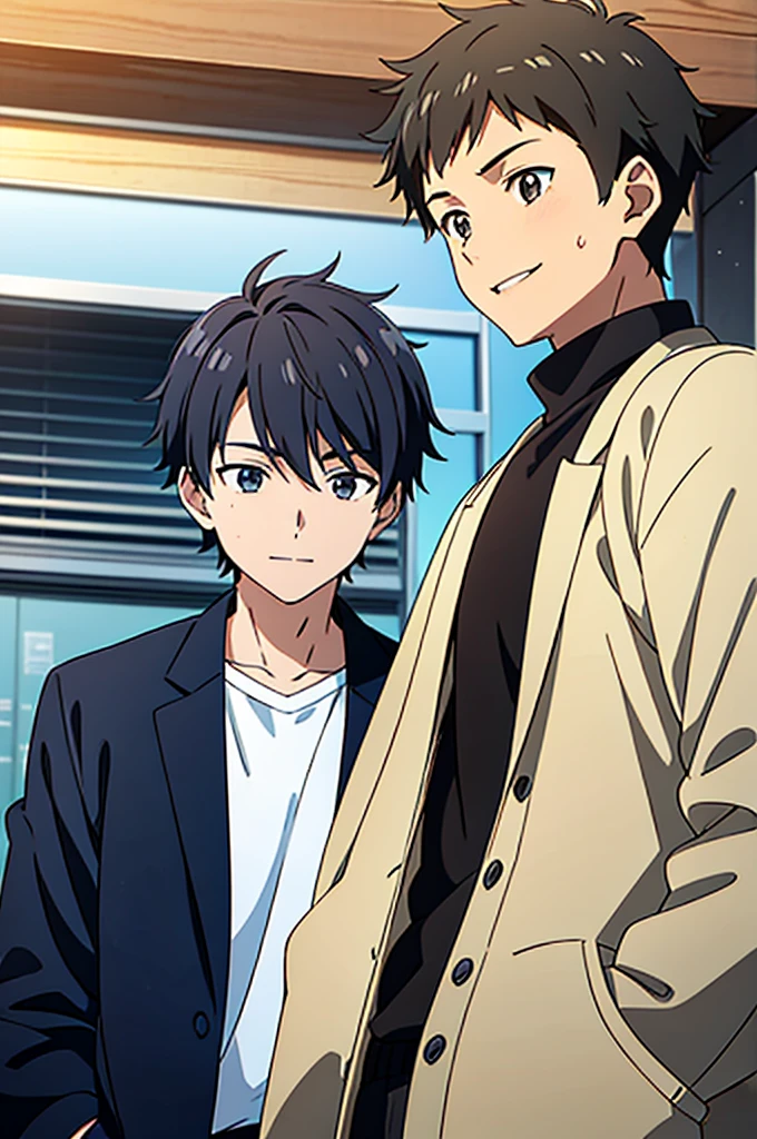 19 year old boy,1boy,((cool and cute boy)),A naive athletic boy,Unique natural boy style,Feeling for friends,Light brown skin, grey eyes, Black hair,enjoyably,Take it easy,(free and,Bright smile),hobbies are important,slim figure,Well-intentioned,fortunate,Strong luck,(bad luck),many friends,creation,dust particles, natural soft light,Strongest configuration,smooth anime cg art,Anime Art, cell anime illustration, Punctuality,{{tre anatomically correct}},hitomi,{winter high school boy style},winter clothes on