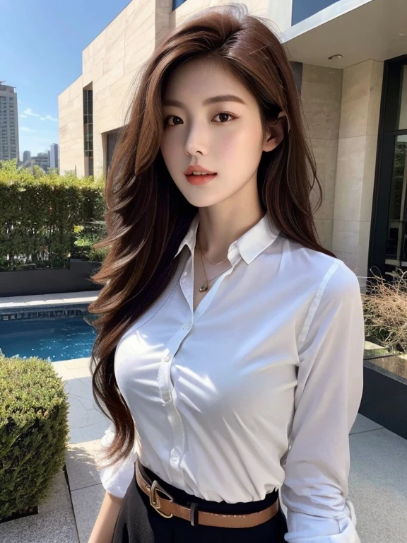 (Best quality, High resolution, Masterpiece :1.3), A tall and pretty woman, Slender abs, Dark brown hair styled in loose waves, Breasts, Wearing pendant, White button up shirt, Belt, Black skirt, (Modern architecture in background), Details exquisitely rendered in the face and skin texture, Detailed eyes, Double eyelid