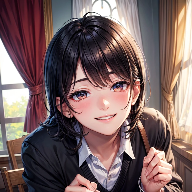 Ultra detailed, (masterpiece), eyes of someone who is madly in love, smiling, dazzlingly bright smile, high detailed eyes, best quality drawing, school uniform, window background with curtains, black hair, gray eyes, warm atmosphere, 1 boy, handsome, blushing, comma hair cut, side view.