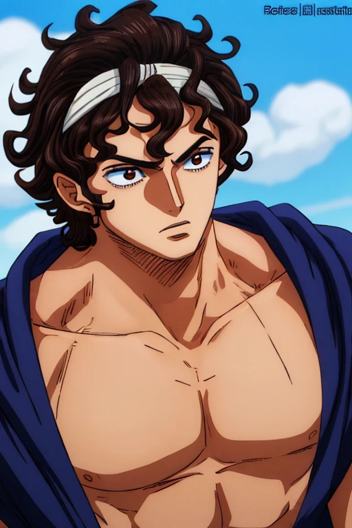 ((melhor qualidade)), ((master part)), (circunstanciado), rosto perfeito Draw in a anime style guy whit curly brown mid hair, with brown eyes, he is ina a good shape and its a fighter, e is wearing black and white a headband to stop his hair going to his eyes, he is ager