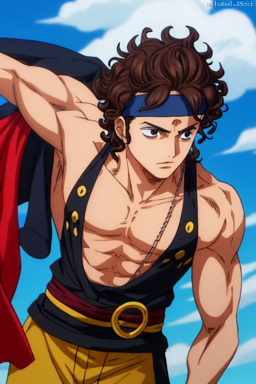 ((melhor qualidade)), ((master part)), (circunstanciado), rosto perfeito Draw in a anime style guy whit curly brown mid hair, with brown eyes, he is ina a good shape and its a fighter, e is wearing black and white a headband to stop his hair going to his eyes, he is teenager