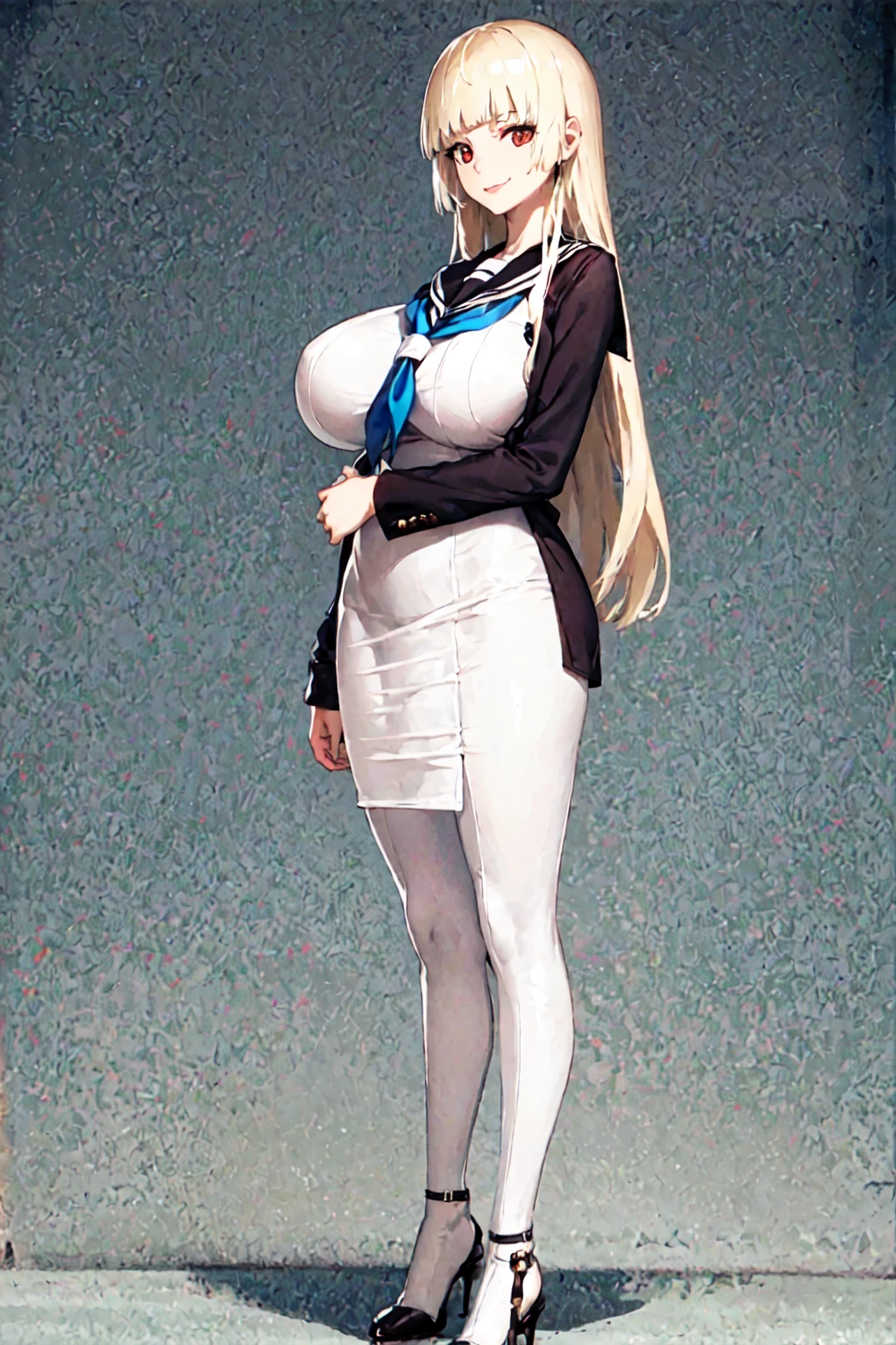 standing on your feet,Full body like,White background, backgound,(best quality:1.1), (masterpiece:1.2), portrait, 1girl,emna ai,Black long straight,Princess cut, a sailor suit,mini-skirts,white pantyhose, high-heels,(huge breasts:1.3), topknot, long hair, breasts apart, white obi, smirk, outdoorlush:1.1),(full body:1.1),