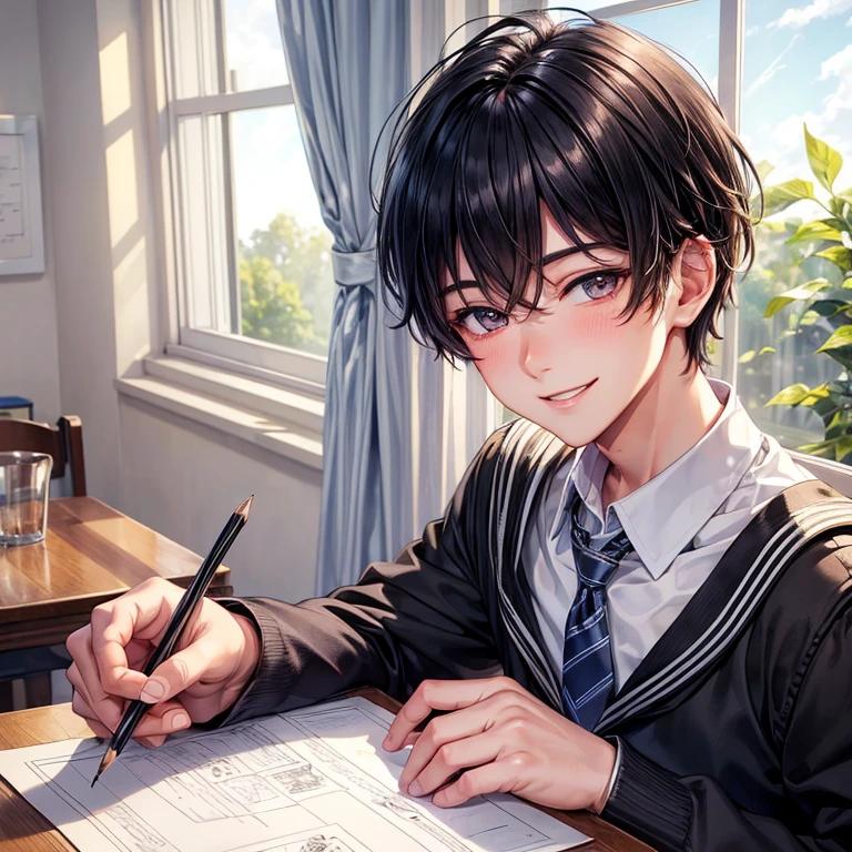 Ultra detailed, (masterpiece), eyes of someone who is madly in love, smiling, dazzlingly bright smile, high detailed eyes, best quality drawing, school uniform, window background with curtains, black hair, gray eyes, warm atmosphere, 1 boy, handsome, blushing, comma hair cut, side view.