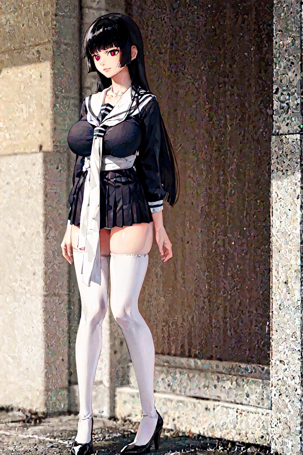 The stands up,Full body like,white backgrounid, Background with,(Best quality at best:1.1), (tmasterpiece:1.figura, 1个Giant Breast Girl,emnaai,Black long straight,princess cut, a sailor suit,mini-skirts,White panty hose, high-heels,(humongous large breast:1.3), Top knot, long whitr hair, separate, white sash, pervert smirk, Lush outdoors:1.1),(full bodyesbian:1.1),