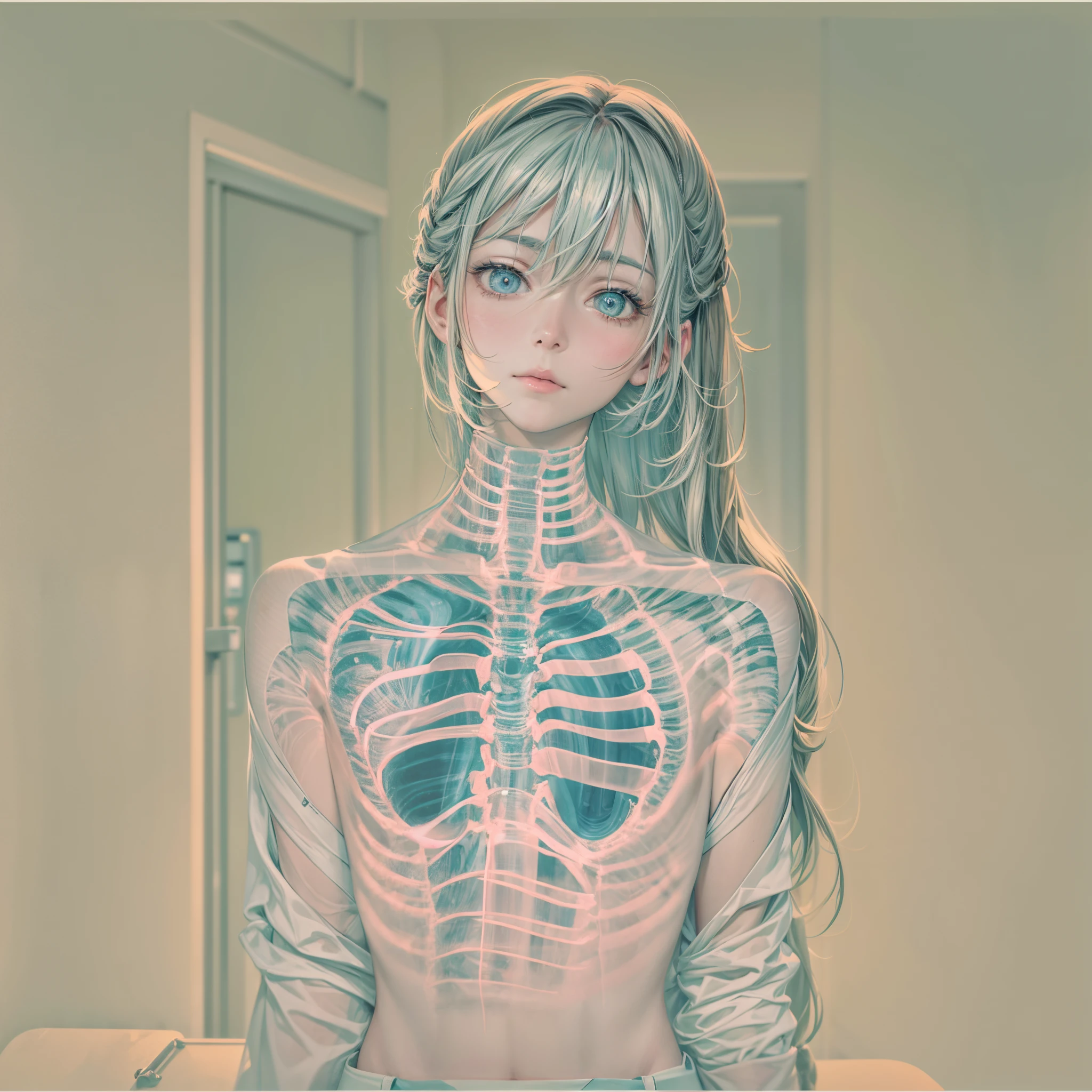 Base Layer: Unmanned health room with small items like medicine bottles, eye charts, weight scales, thermometers, and gauze, BREAK Middle Layer: Anime-style high school girl, facing forward and looking at the viewer, embodying the direction style of Naoko Yamada, BREAK Foreground Layer: The girl holding a photosensitive plate in front of her upper body, displaying a (photorealistic X-ray picture:1.5) of the inside of her body with a white shadow of a large heart at the heart position, BREAK Effect Layer: Shallow focus screen to highlight the main character and the X-ray image she's holding, BREAK Final Touches: Bandages and plasters all over the girl's body, adding to the depth of the character's story and the setting.