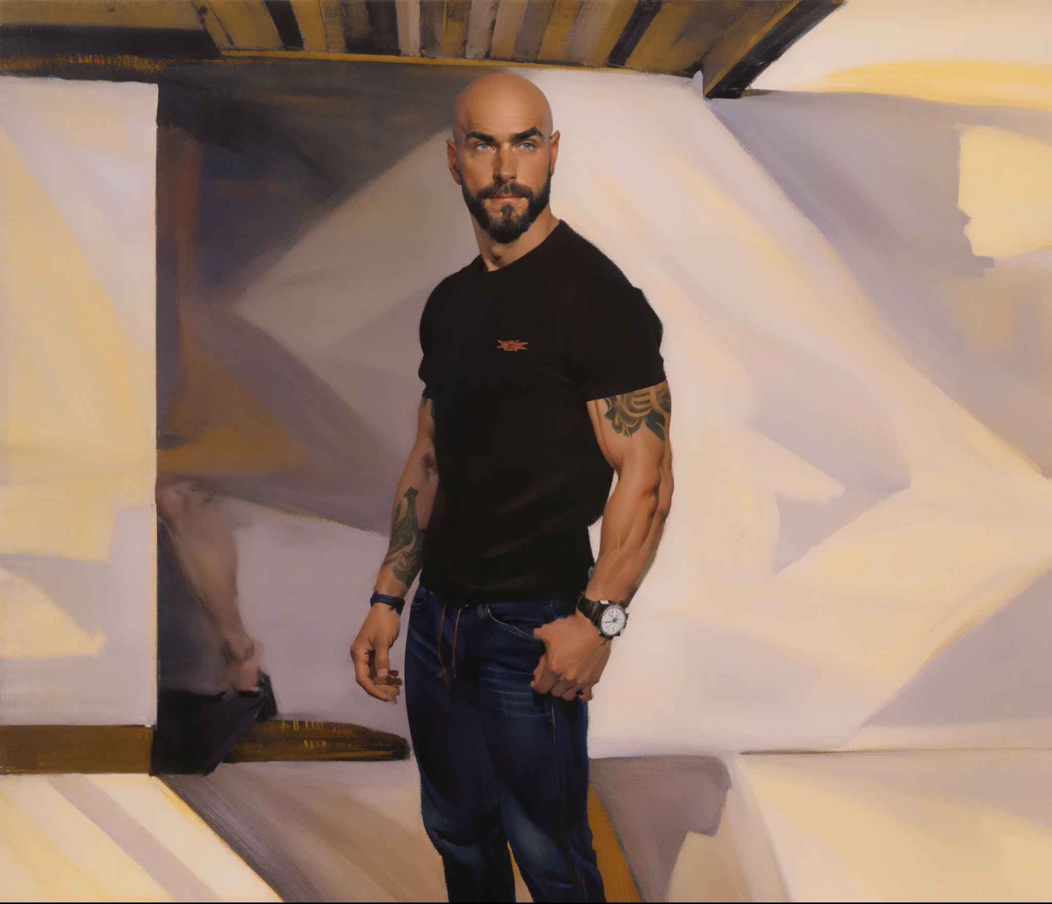 character sheet, dilf, short beard, bald, lean body, tattoos, skater shoes, early 40's, wrist watch, white socks, artistic, black jeans, hunter green shirt, standing, handsome, gentle expression, slim tall build, white male