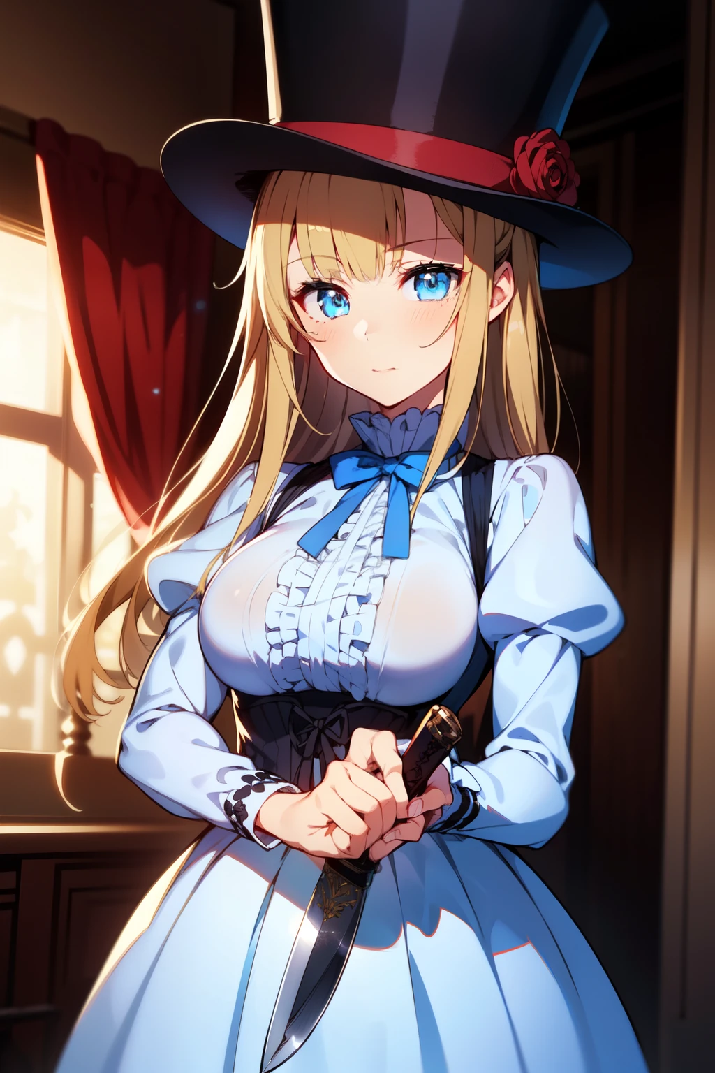 (1girl, solo), blonde hair, side ponytail, (blue eyes:1.5), long hair, (medium breast:1.2), (hair ribbon, juliet sleeves, long sleeves, puffy sleeves, white dress:1.5, frills, top hat, black top hat, hat, hat flower,) looking at viewer, holding knife handle, knife, indoors, (masterpiece:1.2), best quality, high resolution, unity 8k wallpaper, (illustration:1.2), anime style, (beautiful detailed eyes:1.6), extremely detailed face, perfect lighting, extremely detailed CG, (perfect hands, perfect anatomy),