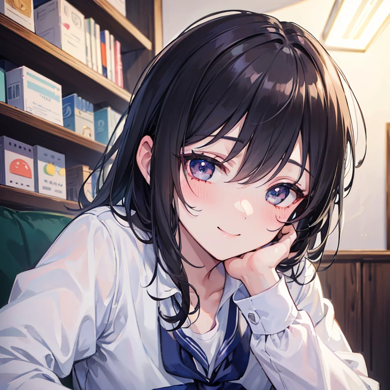 Ultra detailed, (masterpiece), eyes of someone who is madly in love, smiling, dazzlingly bright smile, high detailed eyes, best quality drawing, school uniform, black hair, gray eyes, warm atmosphere, 1 boy, handsome, blushing, comma hair cut, side view.