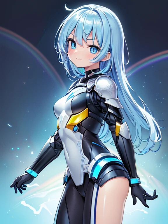 ((​masterpiece、top-quality:1.5、a high chroma:1.5、ultra-detailliert、high-resolution illustrations:1.5、Ultra-high-definition CG、8k size wallpaper、offcial art))、,(highly colorful:1.5),(front view:1.5),(1girl),(Cute little girl:1.5)、(Shining blue eyes:1.5),(Beautiful face:1.5,Beautiful eyes:1.5)、(close to viewer:1.5),
(forced smile:1.3)、(sexy body),(body bio armored suit:1.5), (Beautiful　body bio armored suit in every detail),((eye guard:1.5)),(medium breasts:1.5),(Shining blue eyes:1.8)、(cowboy shot:1.5)、(rainbow-colored light shines:1.5), colourfull、