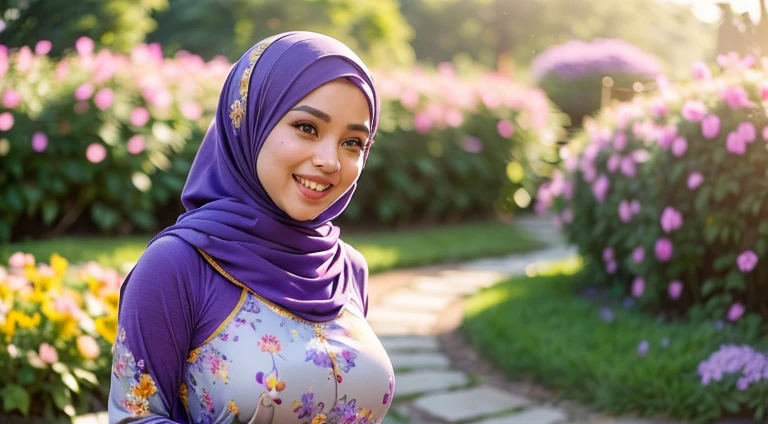 RAW, Best quality, high resolution, Masterpiece: 1.3), Beautiful Malay woman in hijab, Masterpiece, Perfect slim body, ((Big breasteautiful big eyes, water eyes, Soft smile, ((wearing tight purple pastel floral malay gamis with closed hijab)), diamond necklace, ((closed clothes), ((polite clothes)), windy, skin details, skin texture details, wide hips, thick thighorning time, laughing, happy, bright sunlight, flower garden path, blurred background, bokeh,