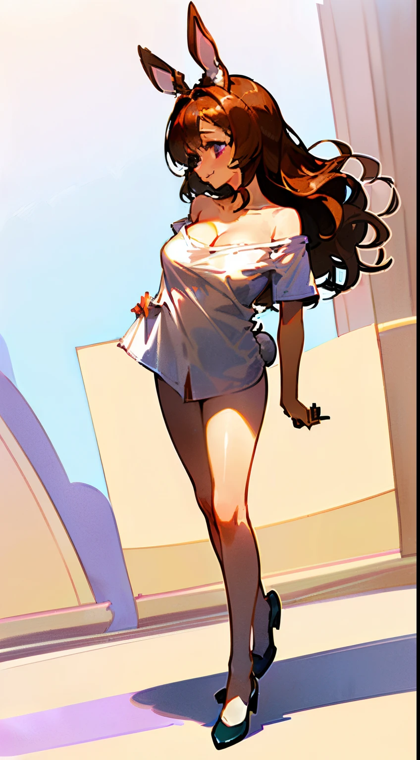 Cute, (1 girl:1.1), Solo, (light brown hair:1.3), (Medium Hair:1.5), Wavy Hair, Purple eyes, Happy face,Upper Eyes, (Rabbit ears:1.4), (Rabbit tail:1), (White Shoulder T-Shirt:1.6), (Chibi:1.0), (up chest:1.4), (cleavage:1.4), (full body Esbian:1.5), (low angles:1.7),(standing in park:1.5), (Hold the hem of a long shirt and spread it out....:1.6), hotpants:1.5