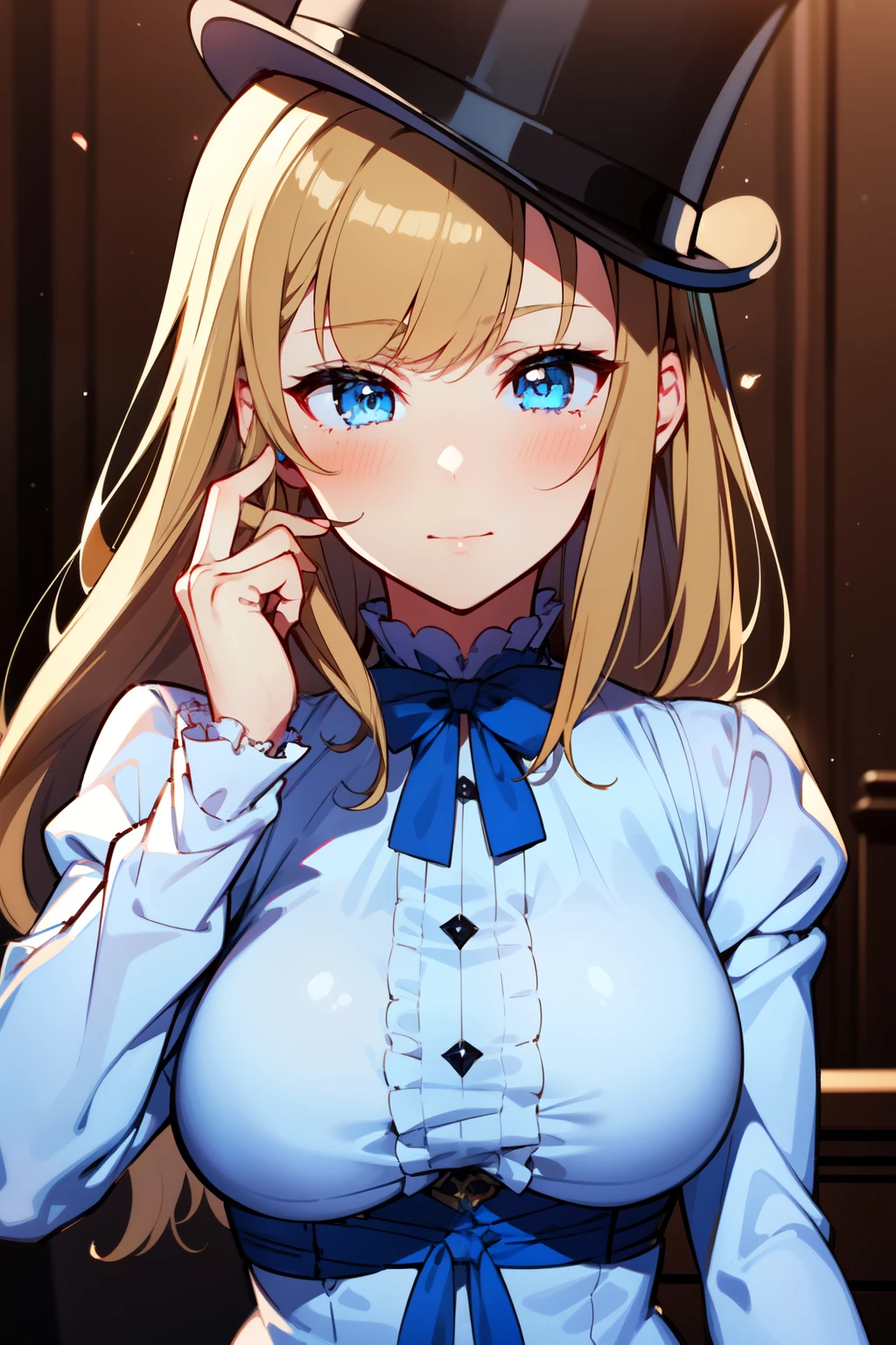 (1girl, solo), blonde hair, side ponytail, (blue eyes:1.5), long hair, (medium breast:1.2), (hair ribbon, juliet sleeves, long sleeves, puffy sleeves, white dress:1.5, frills, top hat, black top hat, hat, hat flower,) looking at viewer, holding knife, indoors, (masterpiece:1.2), best quality, high resolution, unity 8k wallpaper, (illustration:1.2), anime style, (beautiful detailed eyes:1.6), extremely detailed face, perfect lighting, extremely detailed CG, (perfect hands, perfect anatomy),