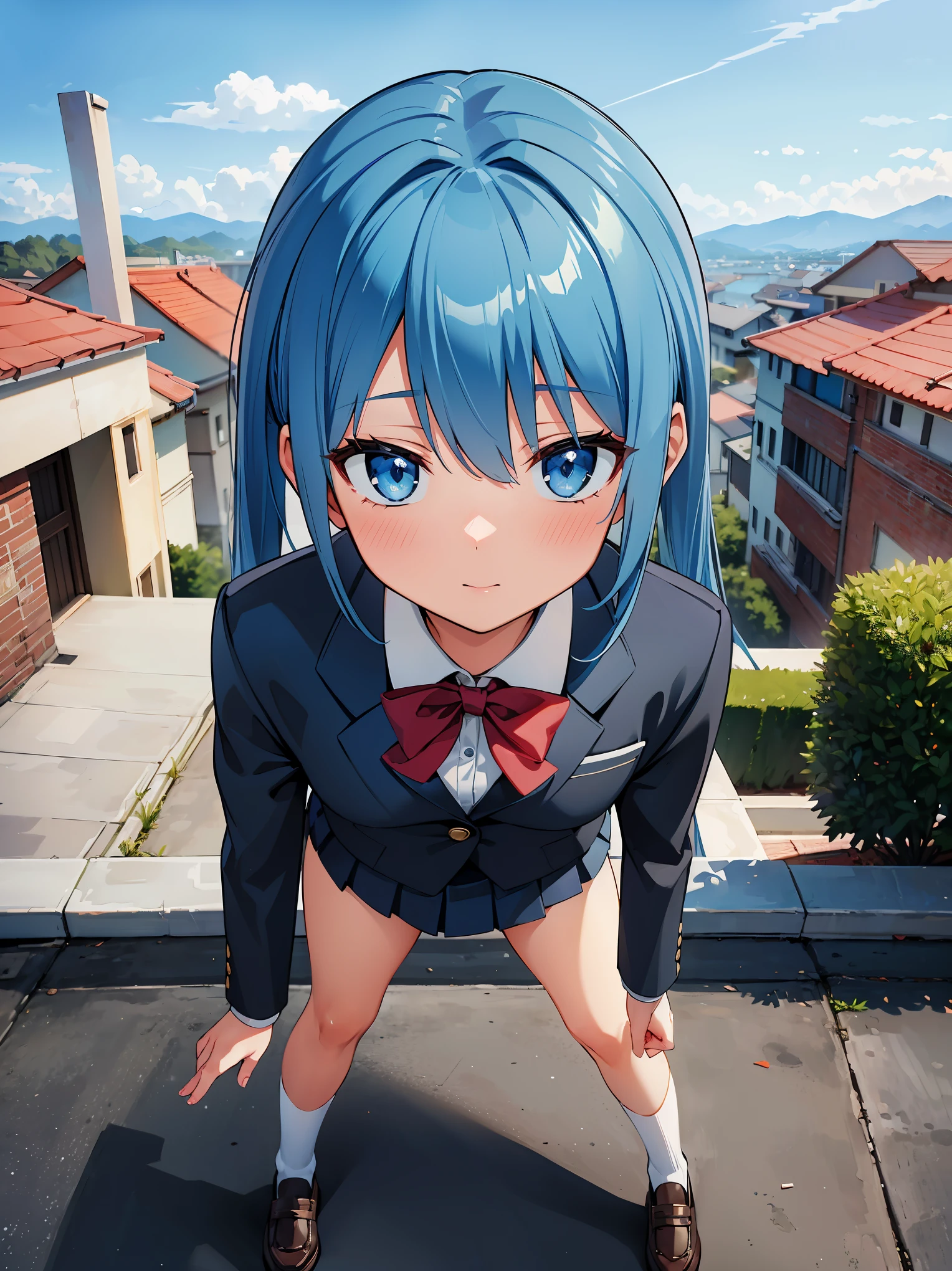 (in 8K, Raw photography, Best Quality, masutepiece: 1.2), high-definition RAW color photography, Professional Photography, Cinematic Light, (animesque:1.2), (1womanl), ((Blue-haired, poneyTail)), (The face is small), Beautiful eyes, long eyelashes, beautiful eyelids, slenderbody, ((high-school uniform, blazers)), ((Kamimei)), (((FULL BODYSHOT)) ),((full-face blush)), ((Rooftop scenery)), Realistic, Highly detailed, Photography, masutepiece, High quality, High quality, hight resolution, Professional Lighting, (glistning skin:0.9),