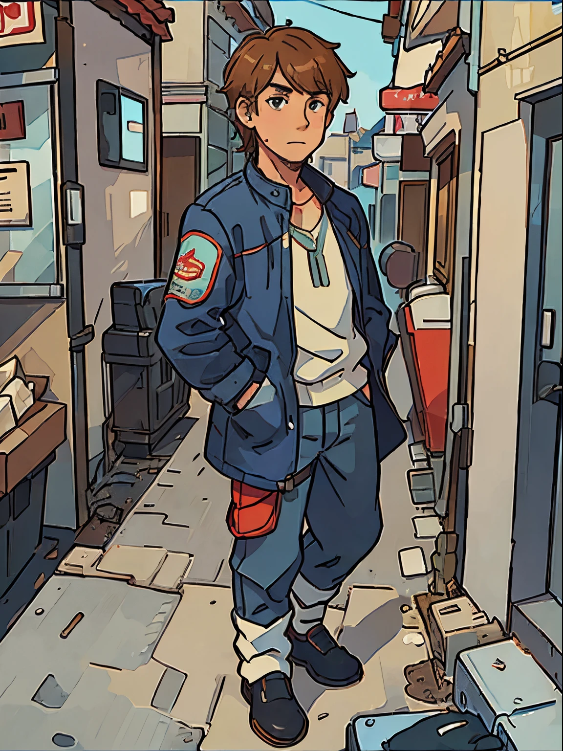 A man standing near a motorcycle , Illustration pattern, street in France