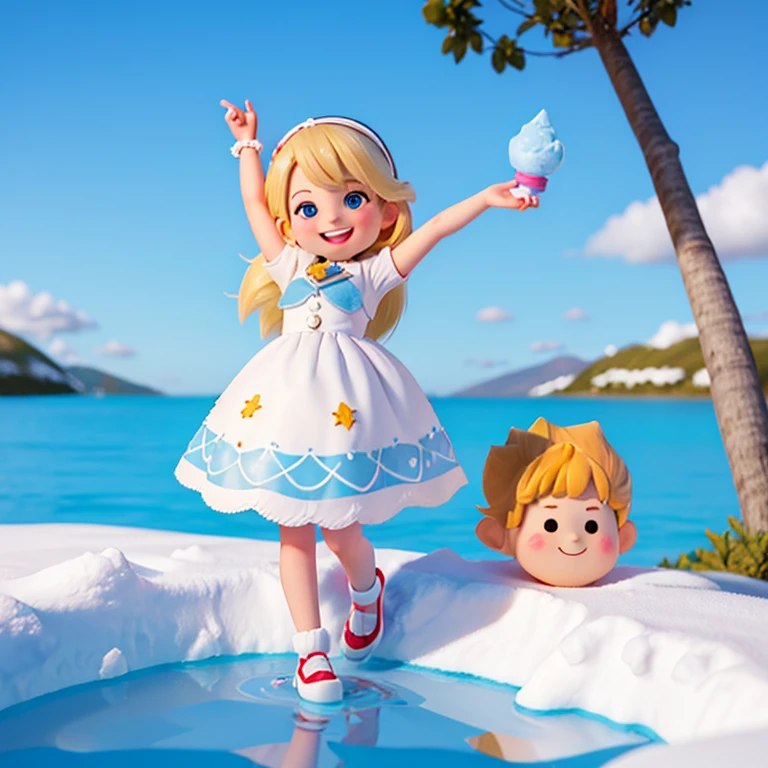 Garotinha de 8 anos, blond hair, boneco de neve, feliz e sorrindo. Nome Julia desenhado com rochas coloridas na neve, lago congelado, blue skies.