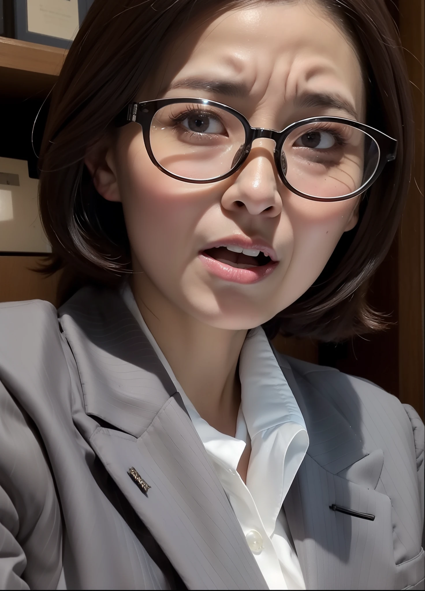 masterpiece,best quality, (milf:1), ((close up:1.5)), cross arms, glare, glasses, gray blazer, white shirt, (angry:0.5), ((open mouth:1)), ((Point at Viewer)),