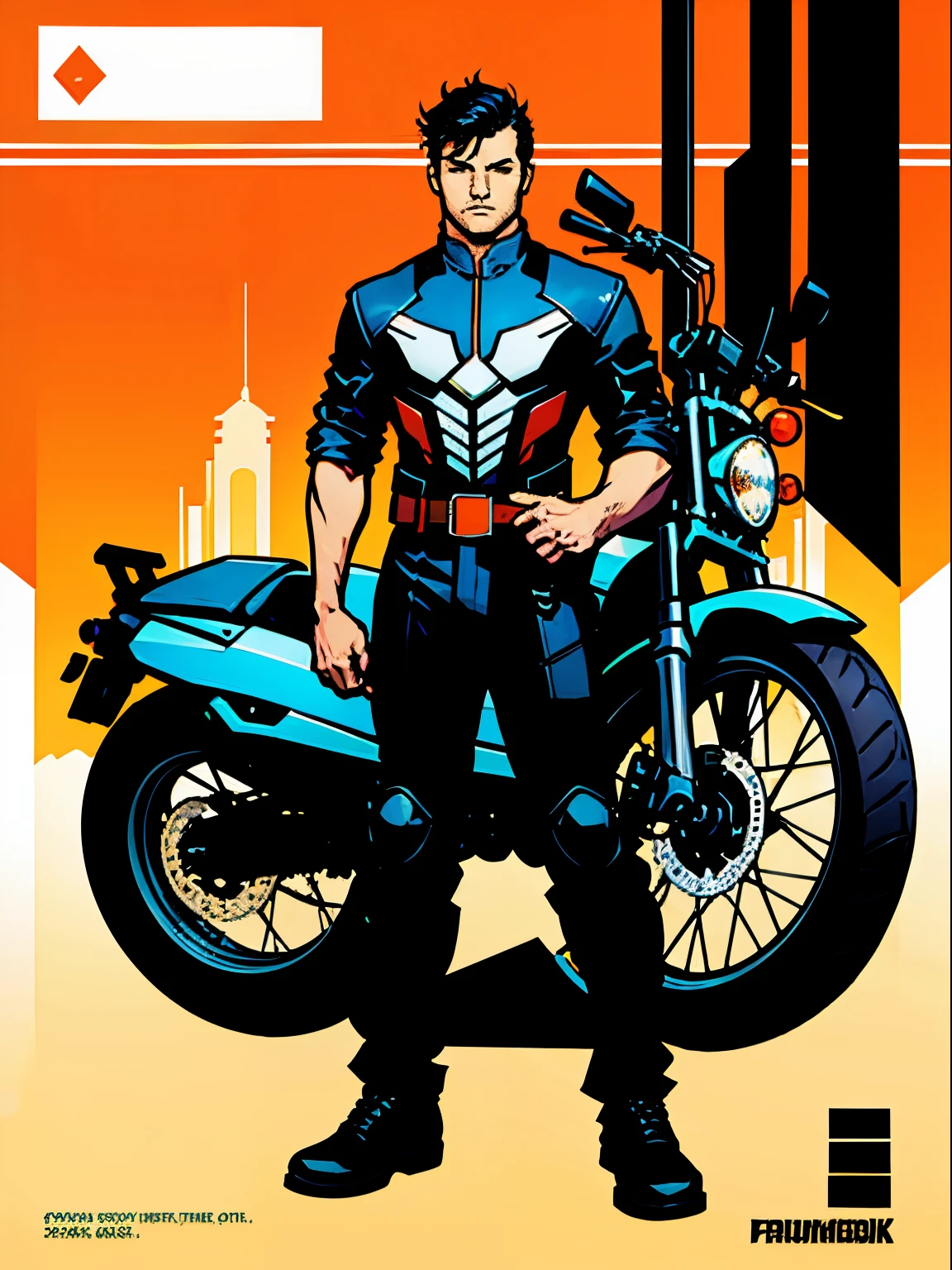 A man standing near a motorcycle , Illustration pattern