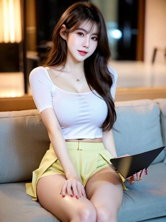 beautiful 27 year old asian woman, Spaghettist Laptop, High waist short skirt , Detailed, Body and face details, thighs thighs thighs thighs、1girl in、