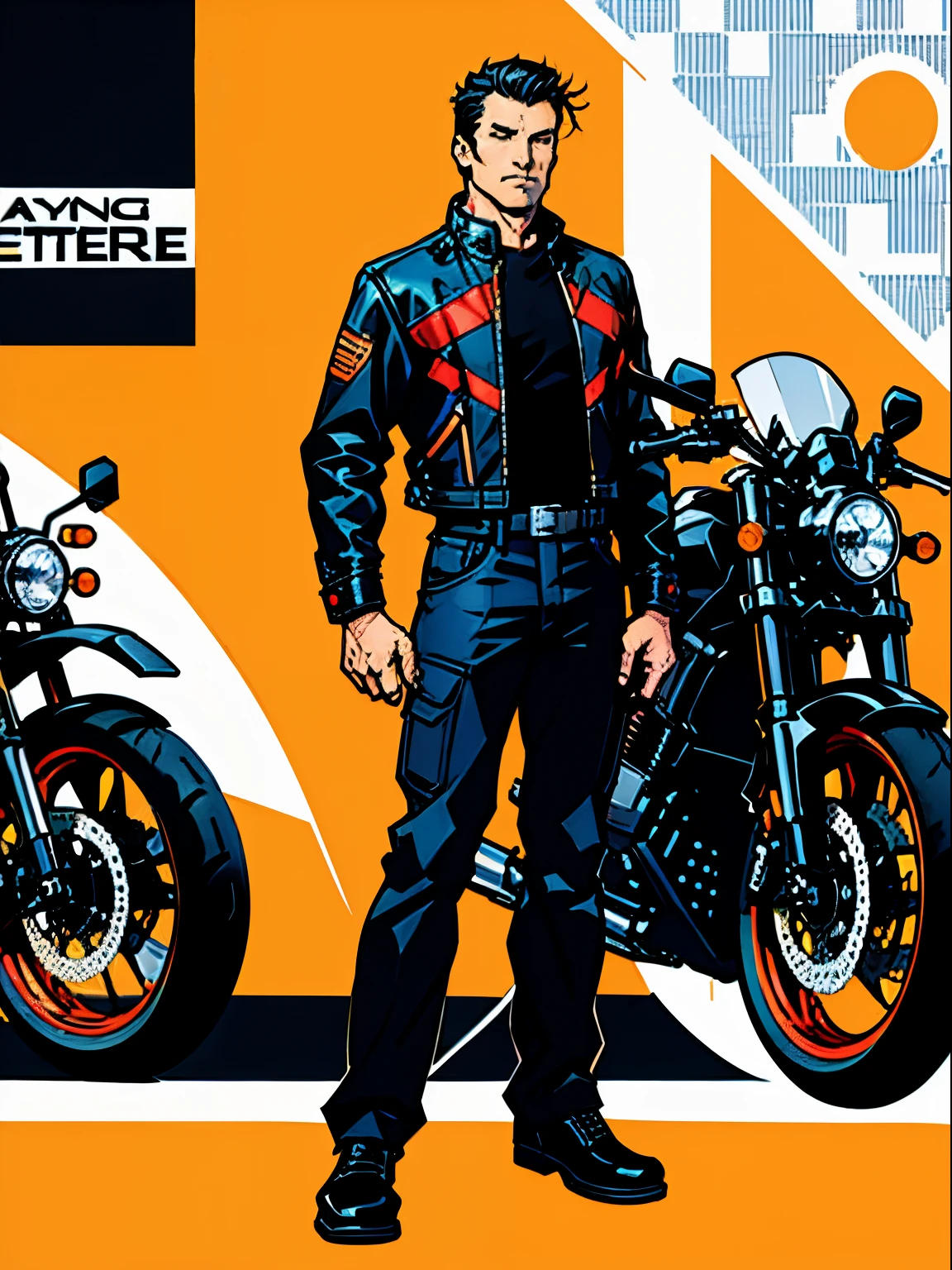 A man standing near a motorcycle , Illustration pattern