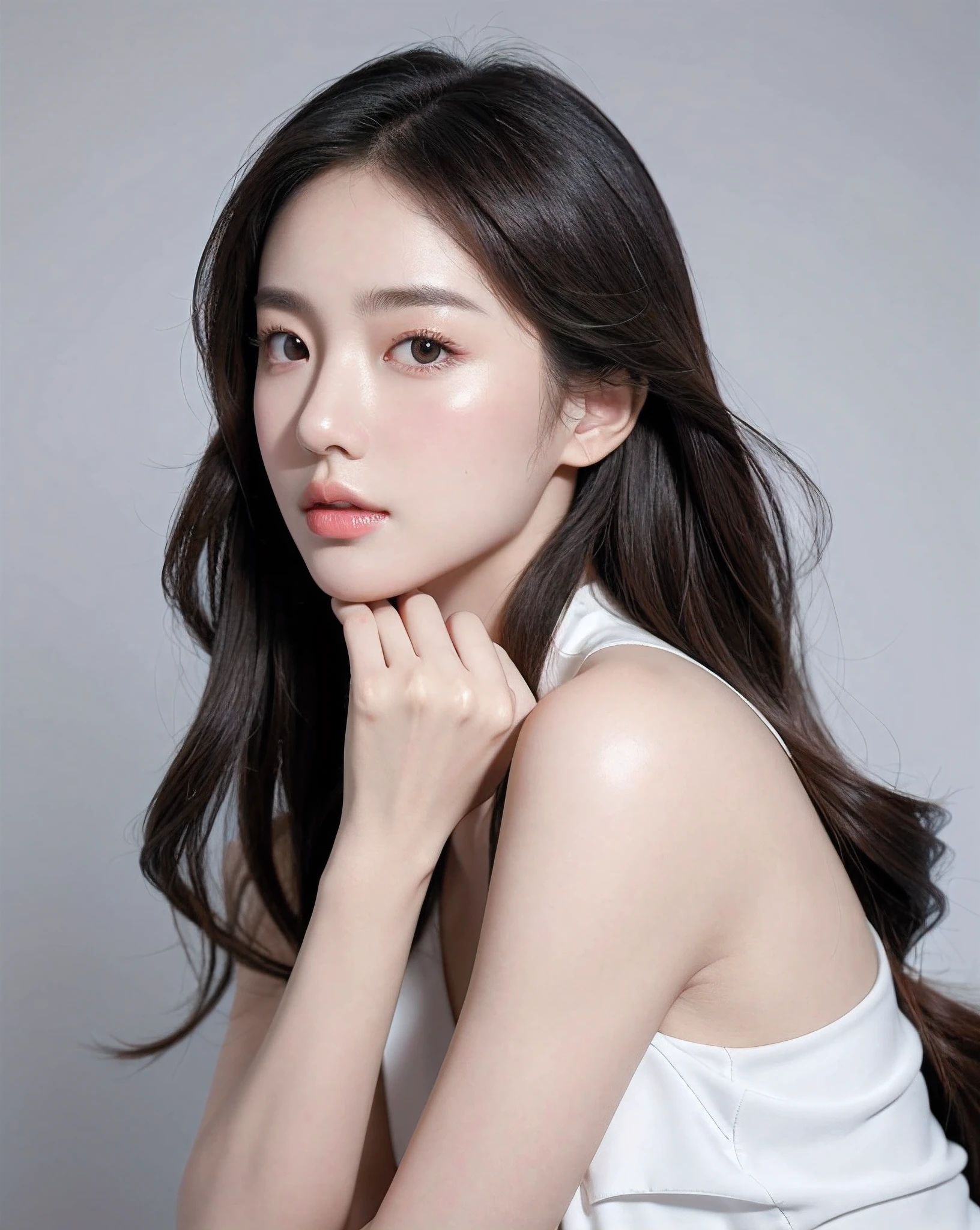 Korean Girl, very beautiful face, (Photo Photorealistic:1.4),(Masterpiece, 4k, Best Quality, The ultra-detailliert),studio shoot,pictorial,photography,photorealistic eyes, Ultra-detailed face, Detailed lips, Normal hands, Glossy Lips, Glossy face, Simple background ,pale milky white porcelain skin, smooth translucent white skin, Skincare brand photo shoot, Woman with porcelain skin, diffused natural skin glow, Soft porcelain skin, Translucent white skin, Just yoon, Clear facial and body skin, Skincare, White porcelain skin