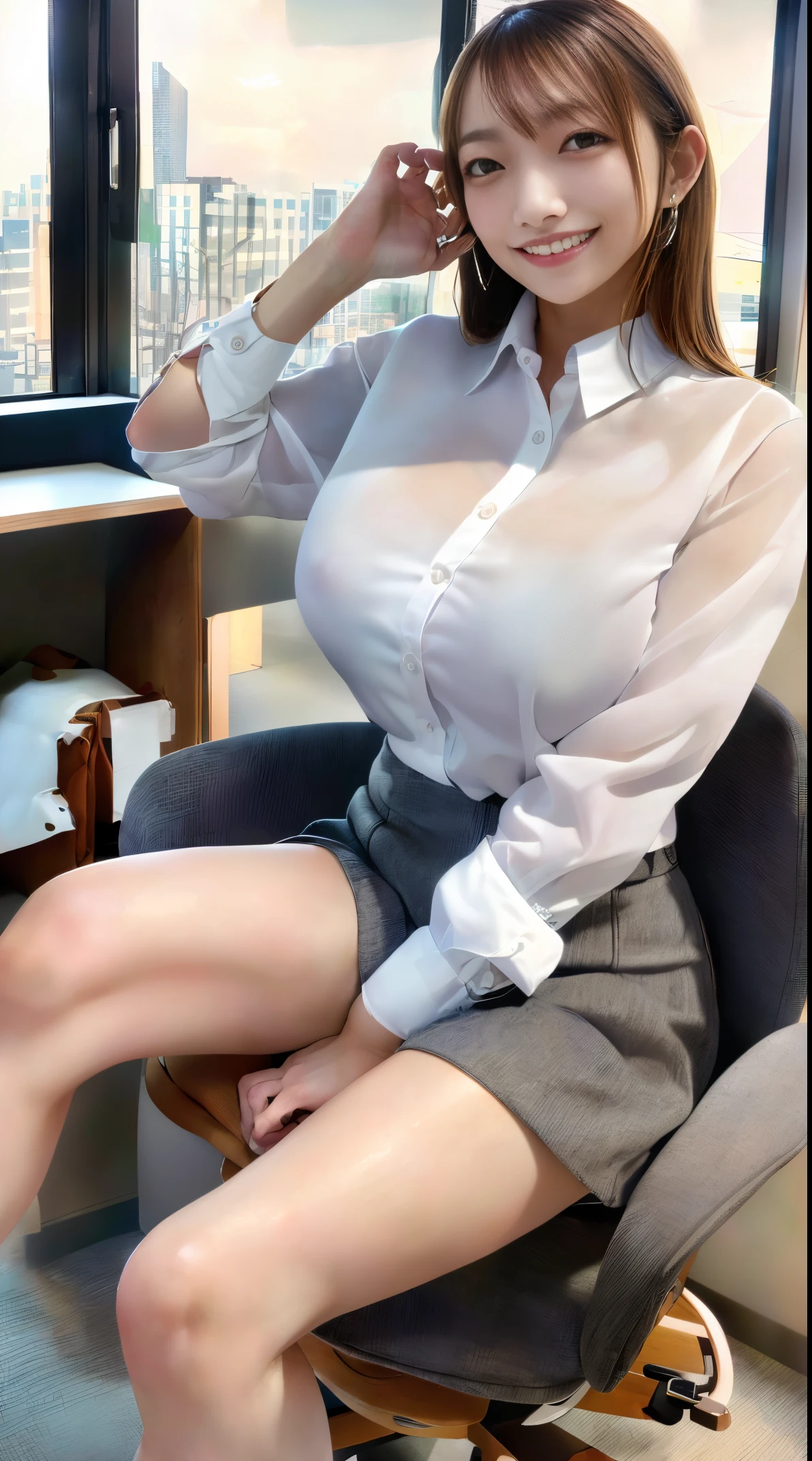 in 8K、超A high resolution、Best Quality、masuter piece、Photorealsitic、The ultra -The high-definition、(huge tit、Pretty big breasts、Hide all breasts、toned body:1.18)(Always office lady、Always a see-through white shirt、Must wear gray miniskirt、Always sit on a chair with your legs apart、By the window in the office:1.3)(Brown Longhair、A Japanese Lady、Super cute、Cute smile:1.2)pin heels
