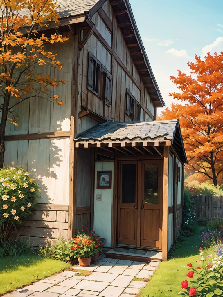 frontage,comic strip,Side Body,Sorissos,This is an autumn landscape painting,rustic,Multicolored flowers,and the sun was shining brightly,Colorful flowers