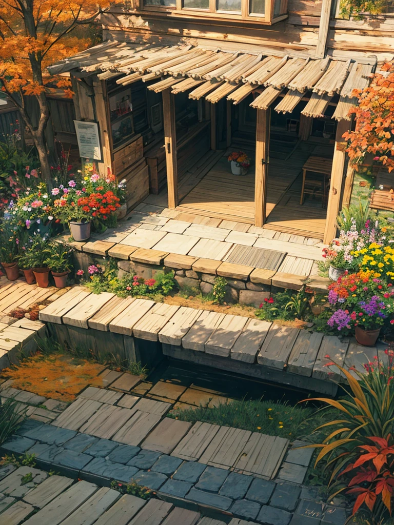 frontage,comic strip,Side Body,Sorissos,This is an autumn landscape painting,rustic,Multicolored flowers,and the sun was shining brightly,Colorful flowers