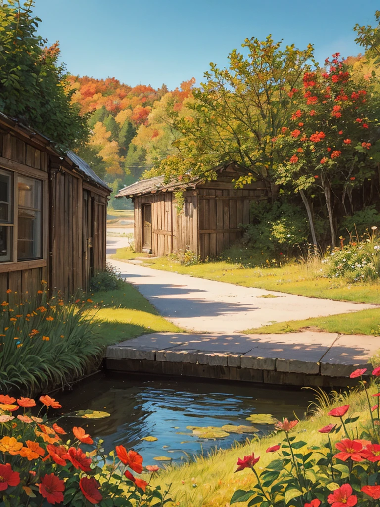 frontage，comic strip，Side Body，Sorissos，This is an autumn landscape painting，rustic，Multicolored flowers，and the sun was shining brightly，Colorful flowers