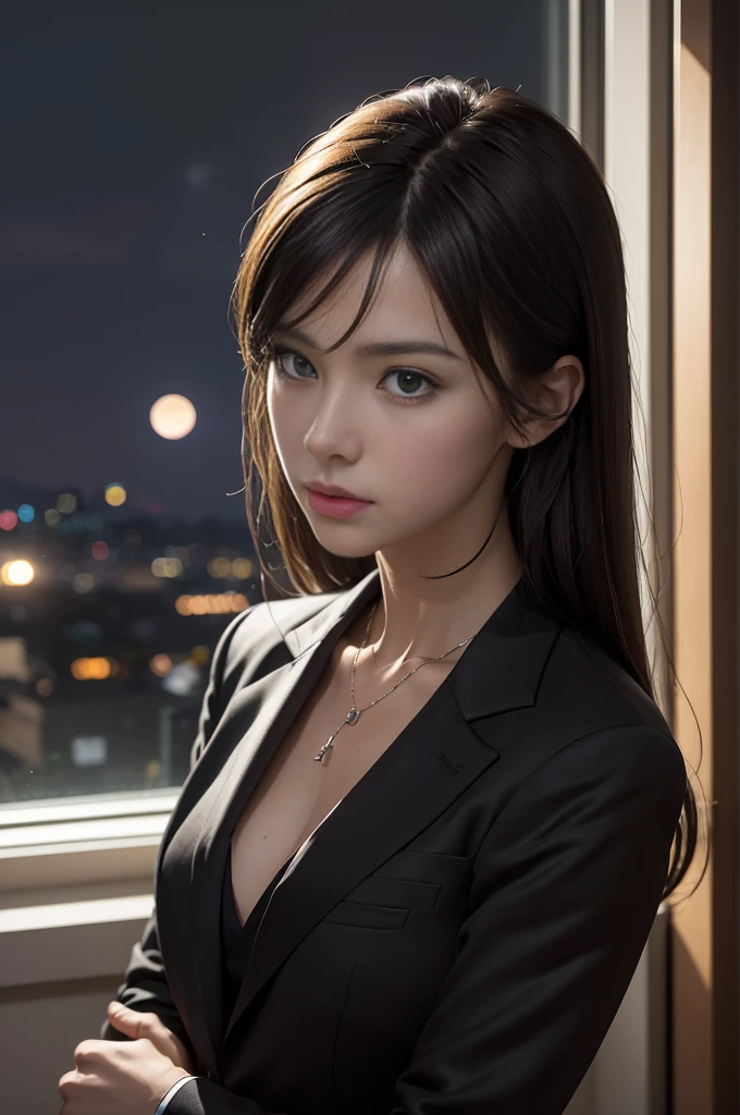 (Photoreal Stick:1.5, masutepiece:1.5, 8K), (top-quality, ​masterpiece, 超A high resolution), Professional camera work:1.4, Highly detailed skin and facial texture:1.3, Mystical portrait, Grow Light Effect, Perfect dynamic composition, The ultra-detailliert, 1girl in, ((Night view from inside the building, Please turn off the lights in the room, The moonlight at night shines through the glass)), (V Neck Shirt Black Tailored Suit Suit Jacket), Model body type, Clear face, Detailed hand, Beautiful and detailed eyes, (Enraptured look:0.7, i love you completely:0.7), A mouthfeel that feels beautiful eros, Dark brown medium hair, the chest is medium, a necklace