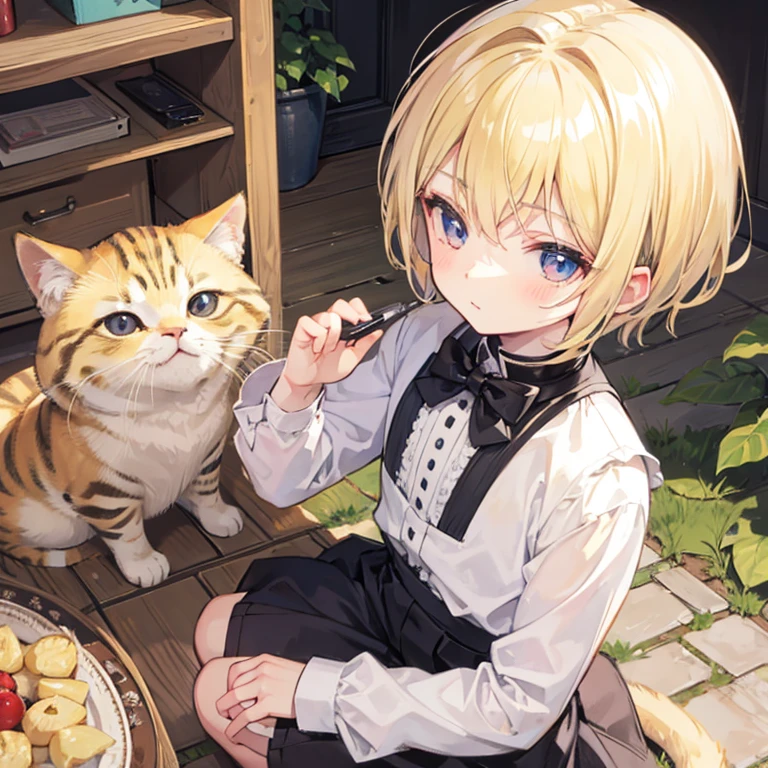 Shota, 1 boy, short blonde hair, petting a cat, ultra detailed.