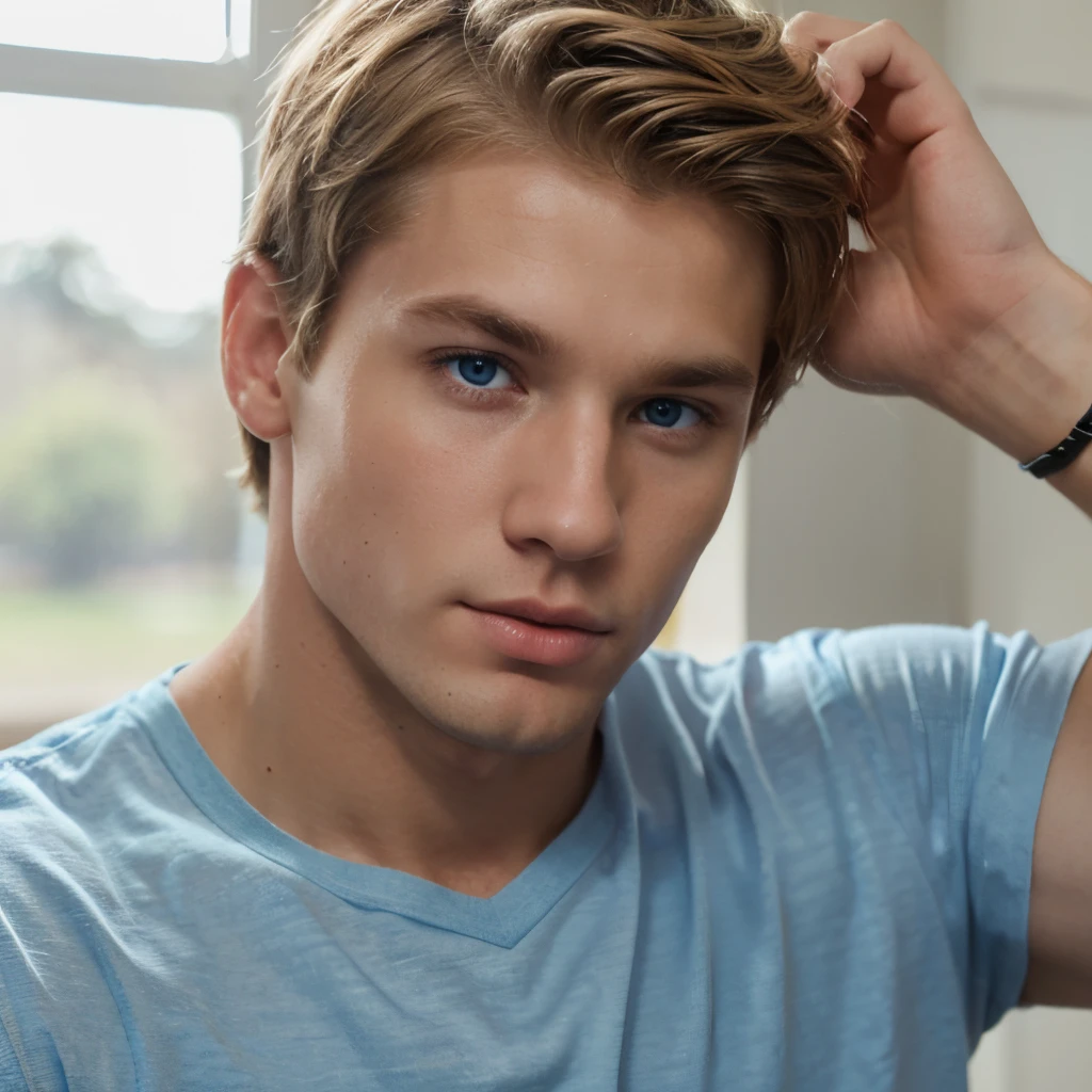 A preppy, fraternity muscular white man with short blonde hair and  blue eyes.