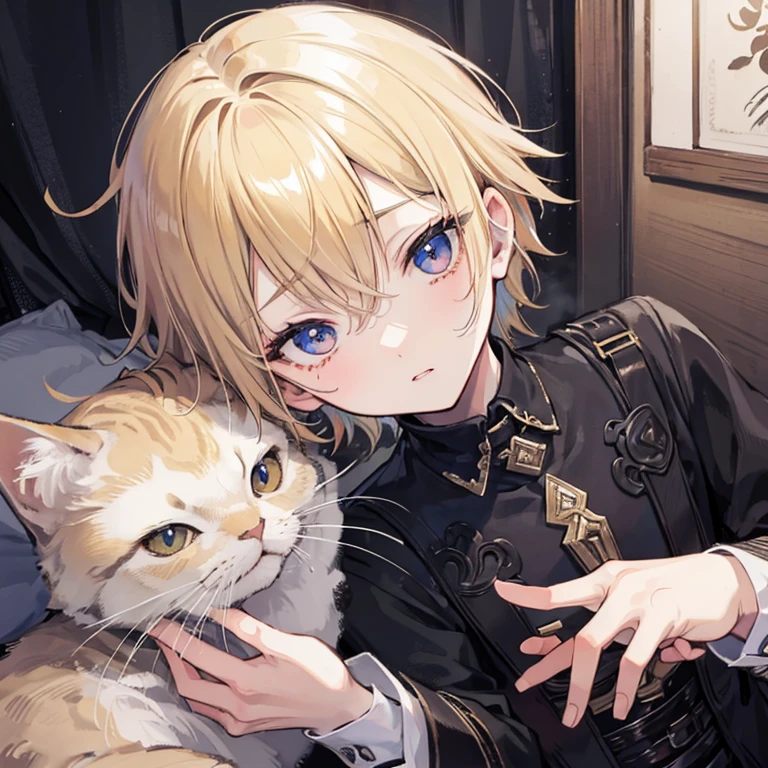 Shota, 1 boy, short blonde hair, petting a cat, ultra detailed, gothic style, dark fantasy.