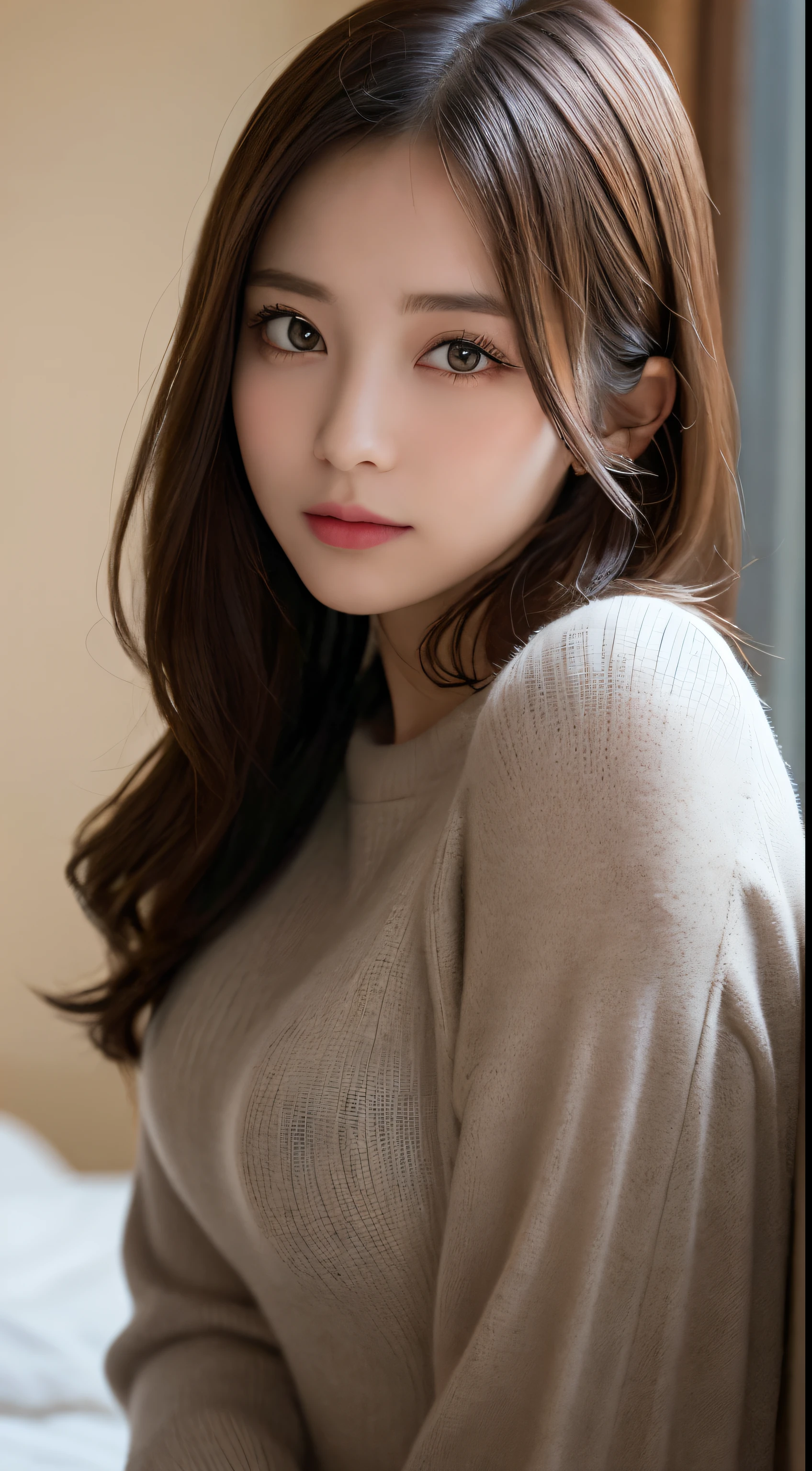 masutepiece, Best Quality, Illustration, Ultra-detailed, finely detail, hight resolution, 8K Wallpaper, Perfect dynamic composition, Beautiful detailed eyes, Winter clothes,Medium Hair,small tits,Natural Color Lip, Bold sexy poses,luxury home bedroom、20 years girl、Cute、sexy look at the camera,Raw photo,Blur the background,Perfect and beautiful face,take a photo close to the face