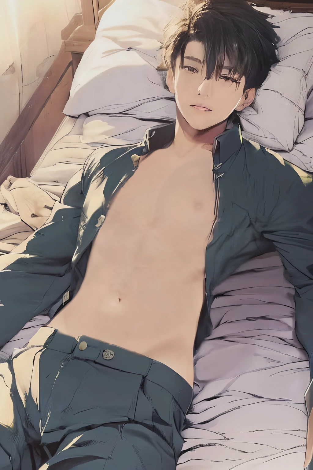 Boy lying on bed with open shirt buttons