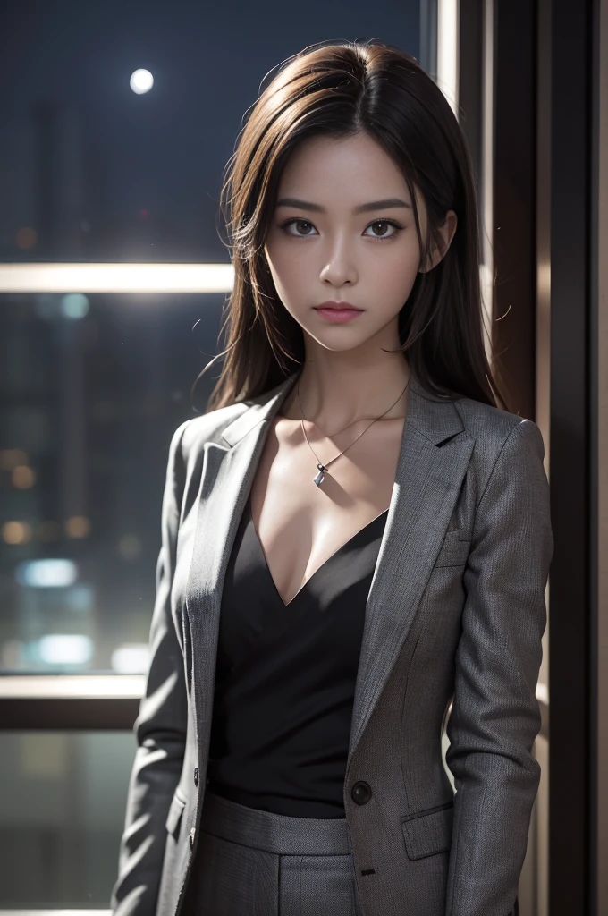 (Photoreal Stick:1.5, masutepiece:1.5, 8K), (top-quality, masterpiece, 超A high resolution), Professional camera work:1.4, Highly detailed skin and facial texture:1.3, Mystical portrait:1.3, Grow Light Effect, Perfect dynamic composition, The ultra-detailliert, 1girl in, ((Night view from inside the building, Please turn off the lights in the room, The moonlight at night shines through the glass)), (V Neck Shirt Black Tailored Suit Suit Jacket), Model body type, Clear face, Detailed hand, Beautiful and detailed eyes, (Enraptured look:0.7, i love you completely:0.7), A mouthfeel that feels beautiful eros, Dark brown medium hair, the chest is medium, a necklace, Upper body only visible