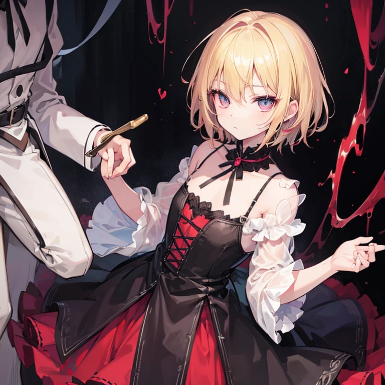 Shota, 1 boy, short blonde hair, petting a cat, ultra detailed, gothic style, dark fantasy, ruby colored eyes.