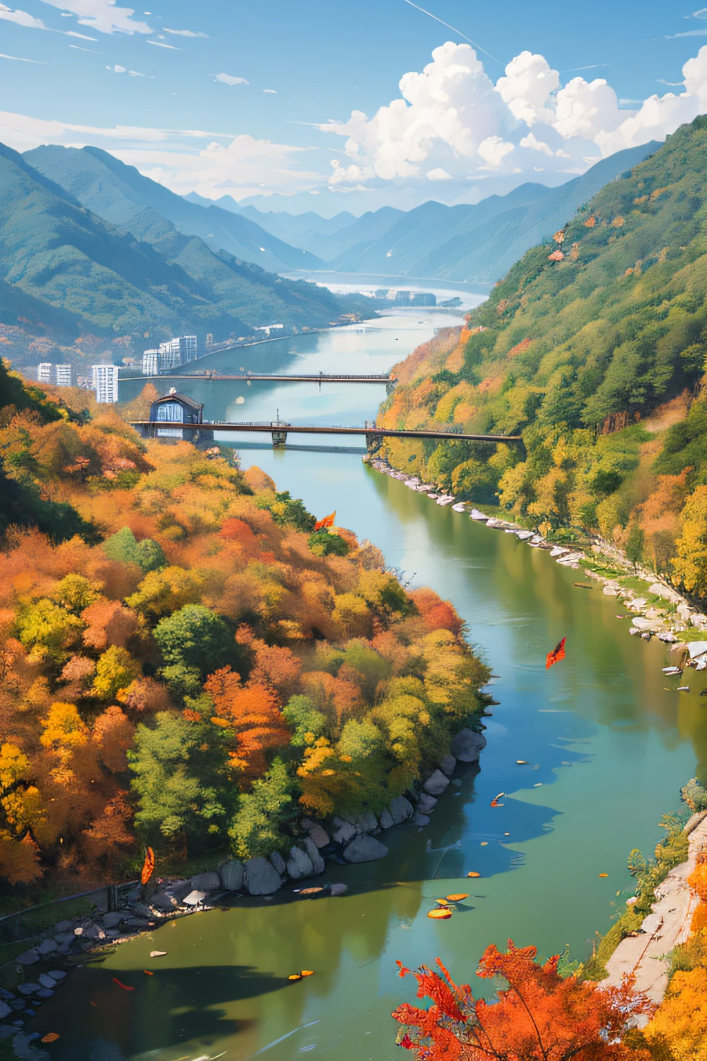 place: Both sides of the river in Yingshan County, Huanggang City, Hubei Province,Falling red leaves,there is a green river