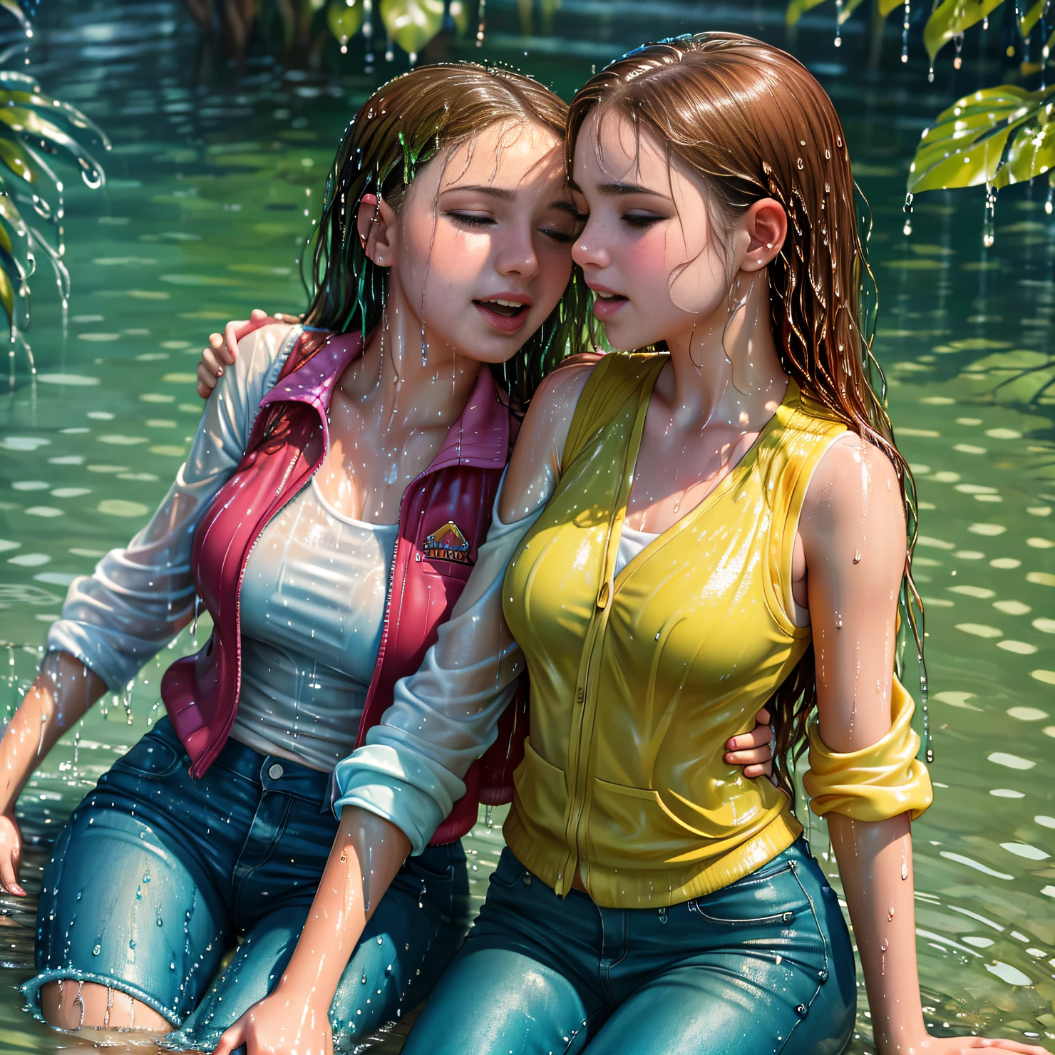 Zwei brasilianische ager sitzen im Wasser, Kizi, short and sweet, kissing with the tongue, verspielt, wohlgeformt, Mehrschichtige Kleidung, (long sleeve dress shirt), (Westen), (Jeanshose), Bunte Kleidung, glistening wet, anklammernd, Nahaufnahme Fantasie mit Wassermagie, Beautiful virgins, Lesbe, Sich gegenseitig anschauen, Sich anlehnen, touching, Lips touch each other, Kleidung aus Wasser tragen, realistic oil painting, tropfnass, bis zu den Schultern im Wasser, beautiful realistic photo, Nymphe im Wasser, Hyperrealistic portrait in a river, Hyperrealistisches Fantasy-Foto, platschend, Realistische Fantasy-Malerei, niedlicher Schuss, light depth of field, 8K, ((waterlogged)), ((waterlogged)), ((Tropfwasser)), dripping oil, Schwere Kleidung, soaked in oil, wet all over the body, nasses, tropfendes Haar, Abwechslungsreiche Posen, nasses Haar