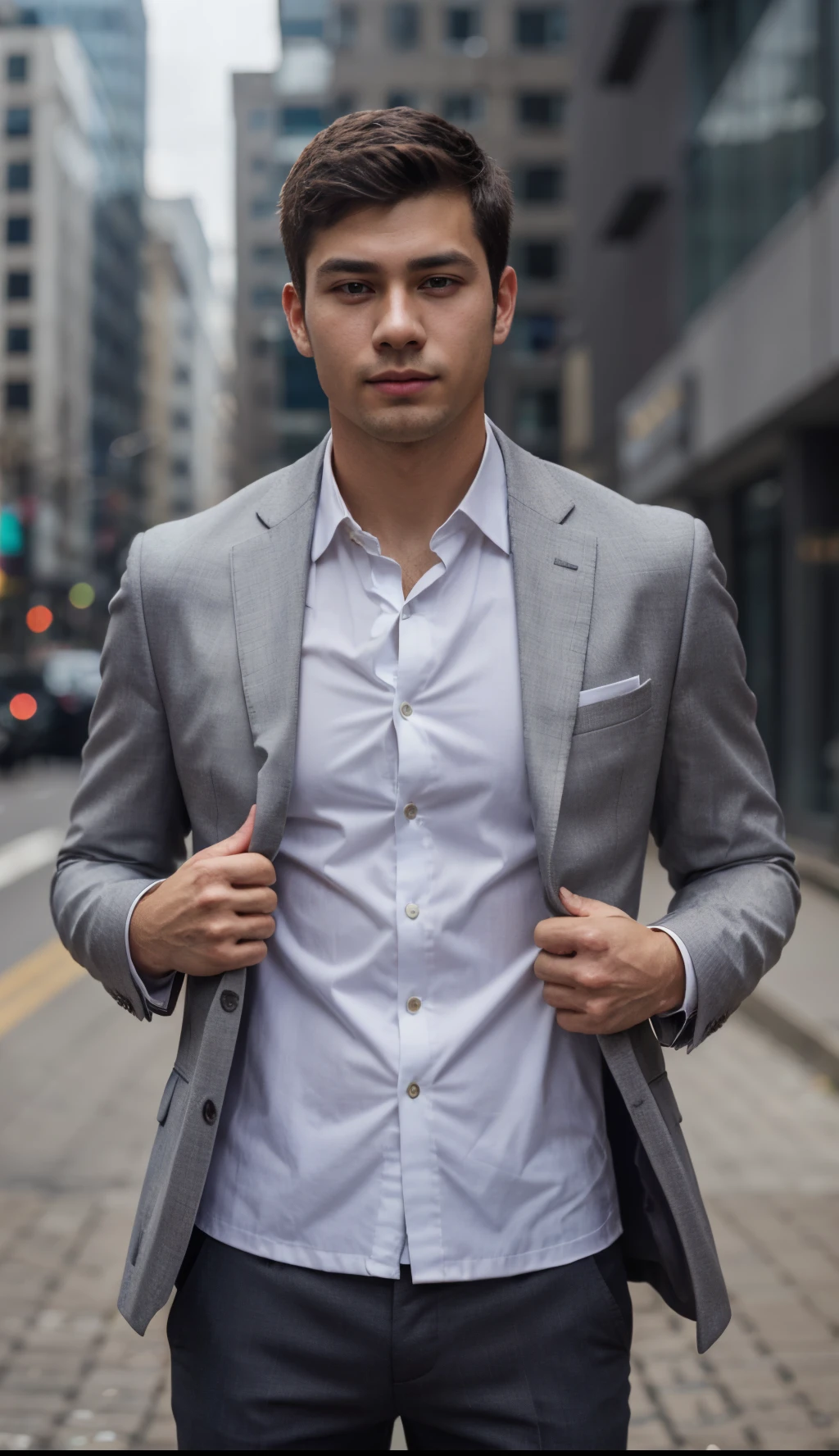 Masterpiece, best quality, high quality, ultra detailed, 1boy, face focus, , suit, jacket, white shirt, tie, pants, best quality, face detail, detail background, background bokeh