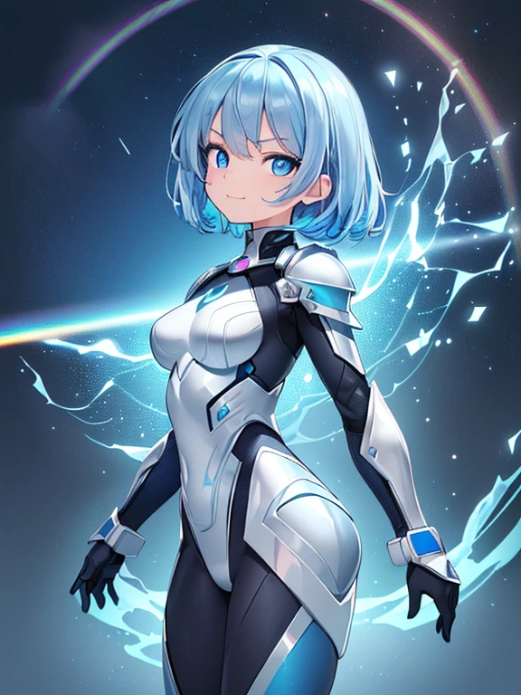 ((​masterpiece、top-quality:1.5、a high chroma:1.5、ultra-detailliert、high-resolution illustrations:1.5、Ultra-high-definition CG、8k size wallpaper、offcial art))、,(highly colorful:1.5),(front view:1.5),(1girl),( girl:1.5)、(Shining blue eyes:1.5),(Beautiful face:1.5,Beautiful eyes:1.5)、(close to viewer:1.5),
(forced smile:1.3)、(sexy body),(body bio armored suit:1.5), (Beautiful　body bio armored suit in every detail),((eye guard:1.5)),(medium breasts:1.5),(Shining blue eyes:1.8)、(cowboy shot:1.5)、(rainbow-colored light shines:1.5), colourfull、