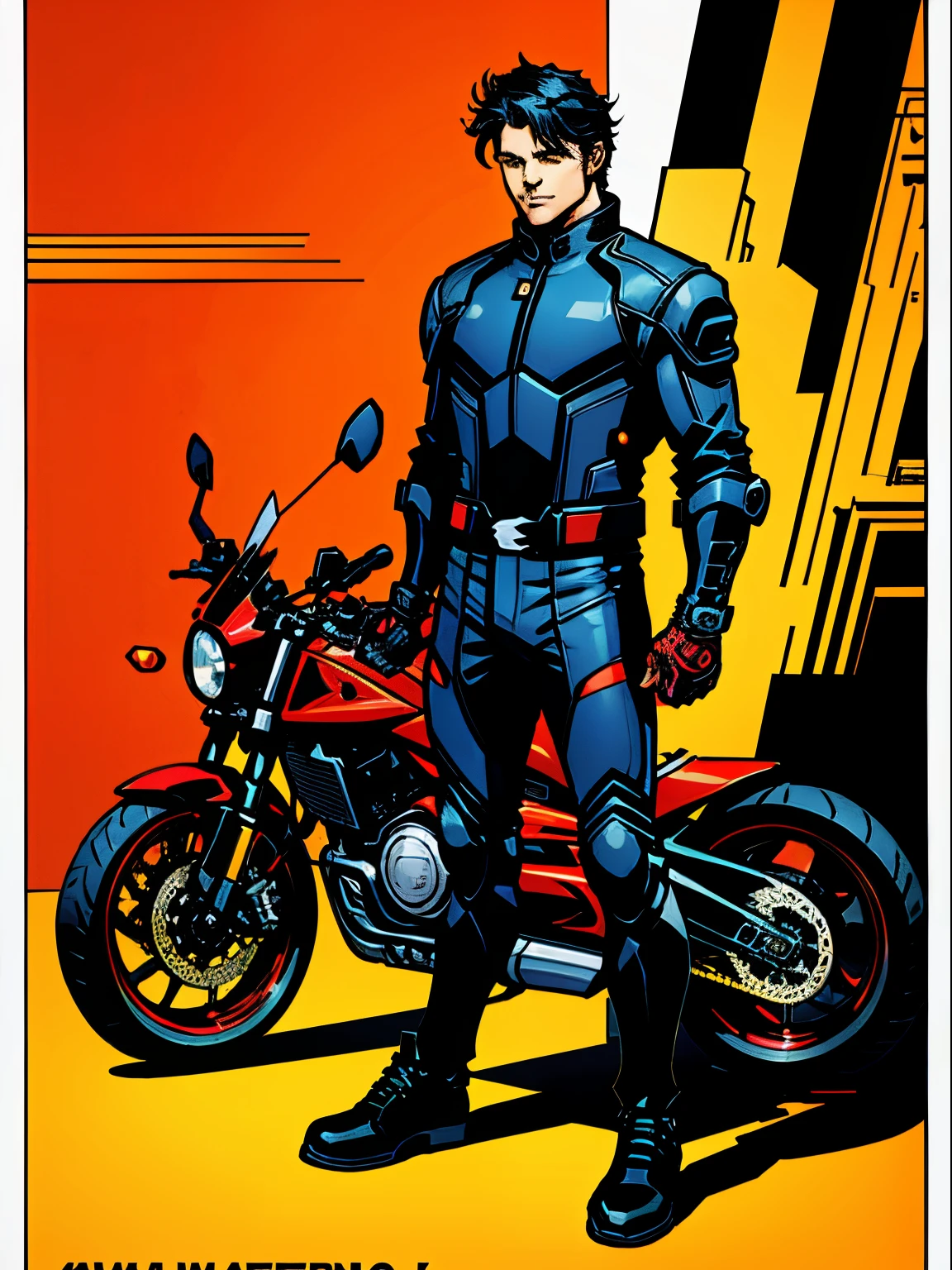 A man standing near a motorcycle , Illustration pattern