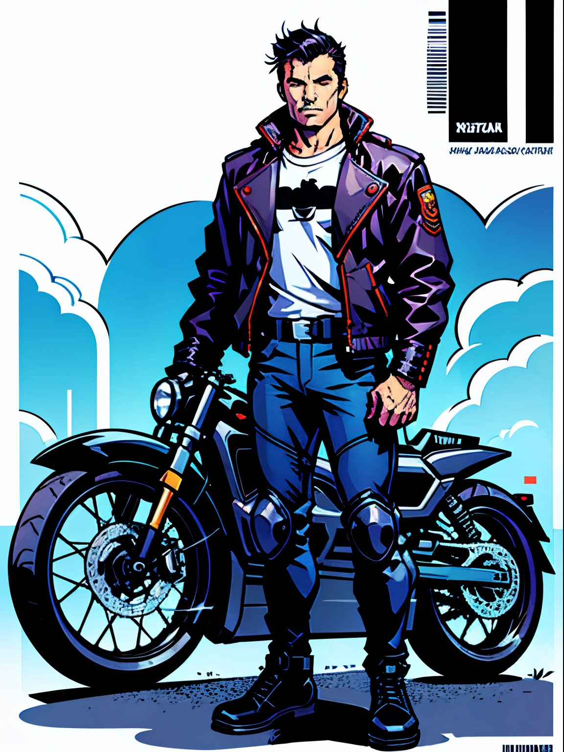 A man standing near a motorcycle , Illustration pattern